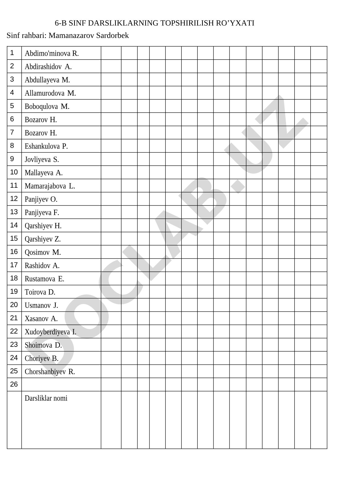 6-B sinf darsliklarning topshirilish ro'yxati