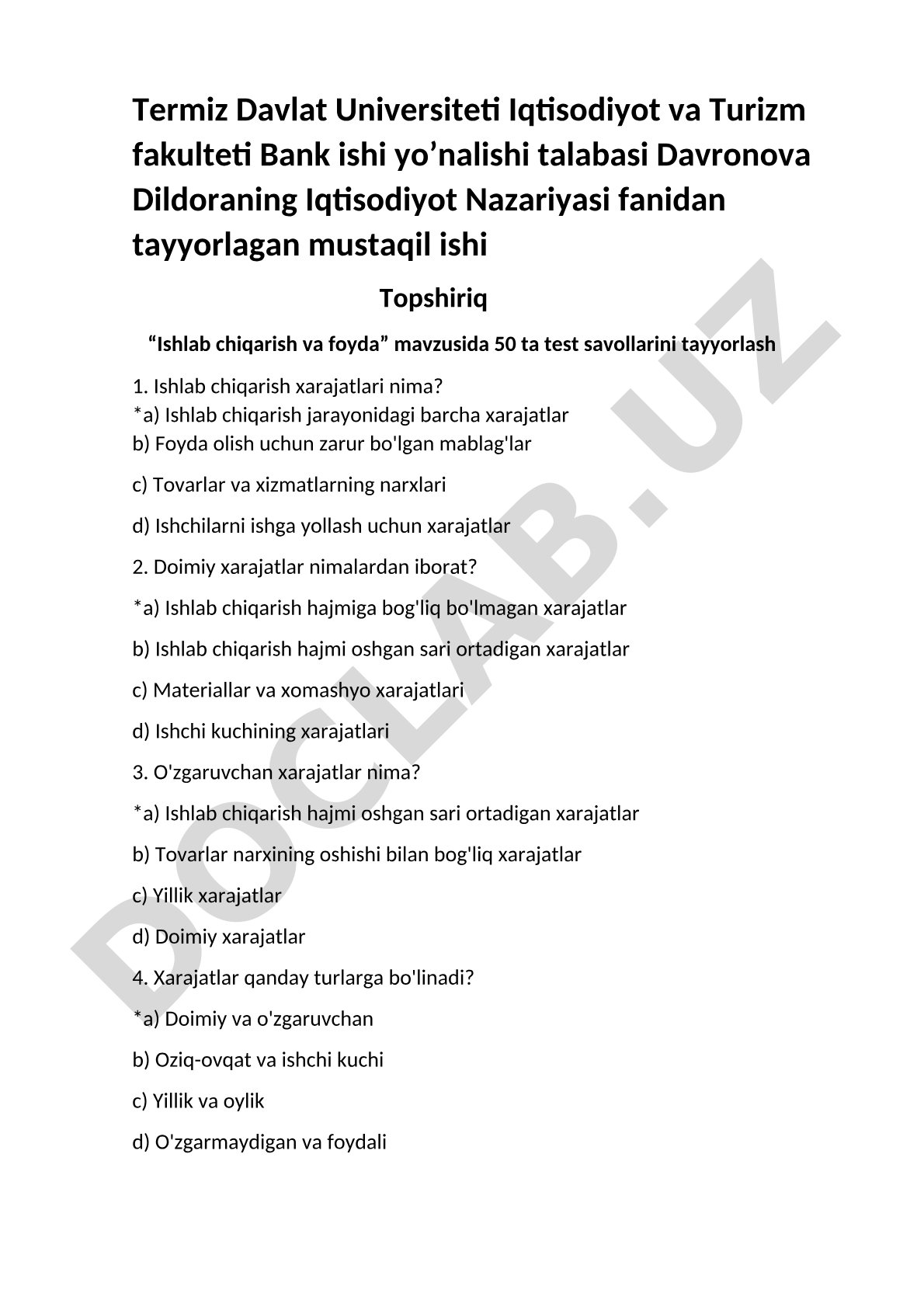 Ishlab chiqarish va foyda mavzusida test savollari