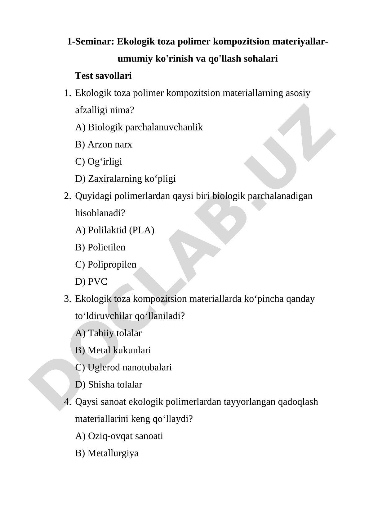 Ekologik toza polimer kompozitsion materiallar umumiy ko'rinish va qo'llash sohalari