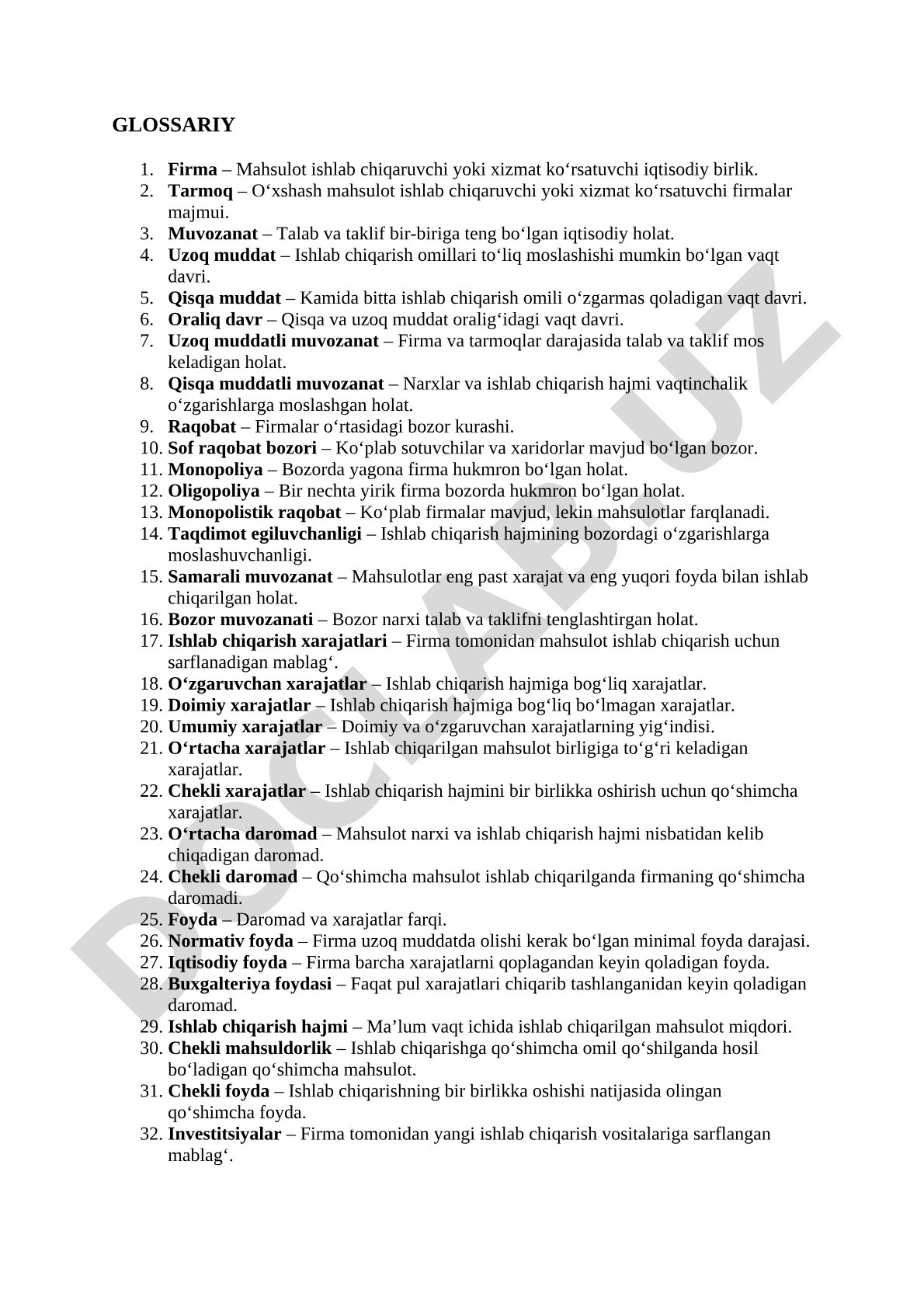 Iqtisodiyot glossariy: firma, tarmoq, muvozanat va raqobat turlari