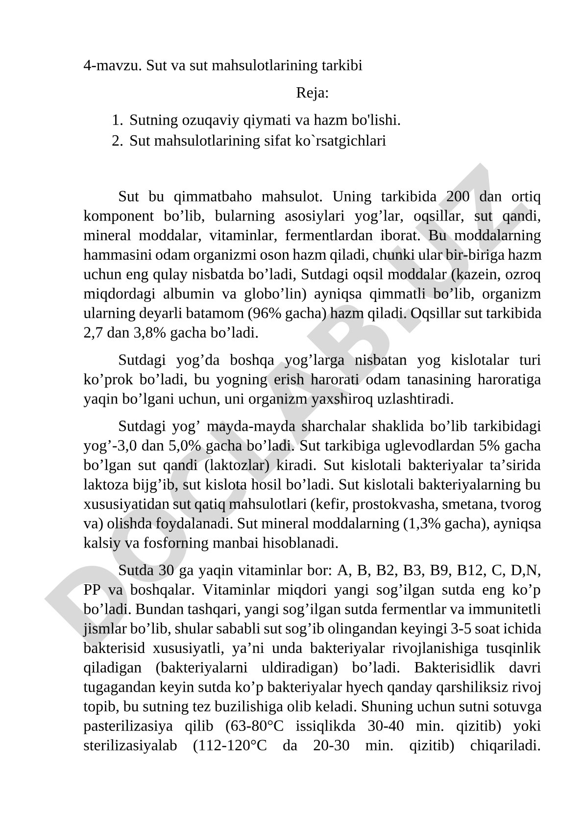 Sut va sut mahsulotlarining tarkibi