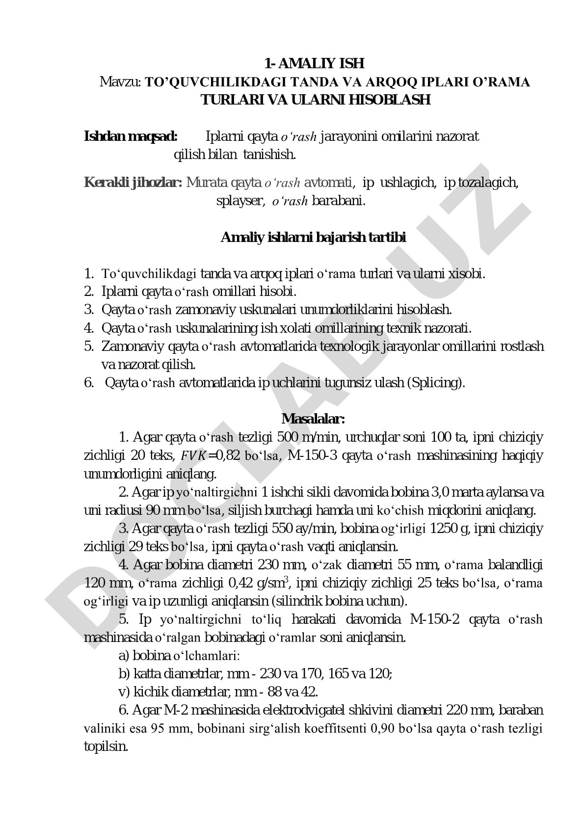 To'quvchilikdagi tanda va arqoq iplari o'rama turlari va ularni hisoblash