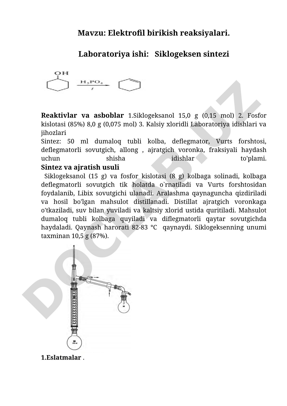 Elektrofil birikish reaksiyalari. Laboratoriya ishi: Siklogeksen sintezi