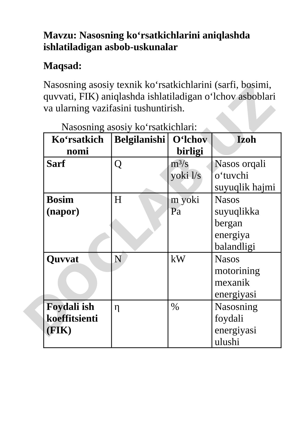 Nasosning ko'rsatkichlarini aniqlashda ishlatiladigan asbob-uskunalar