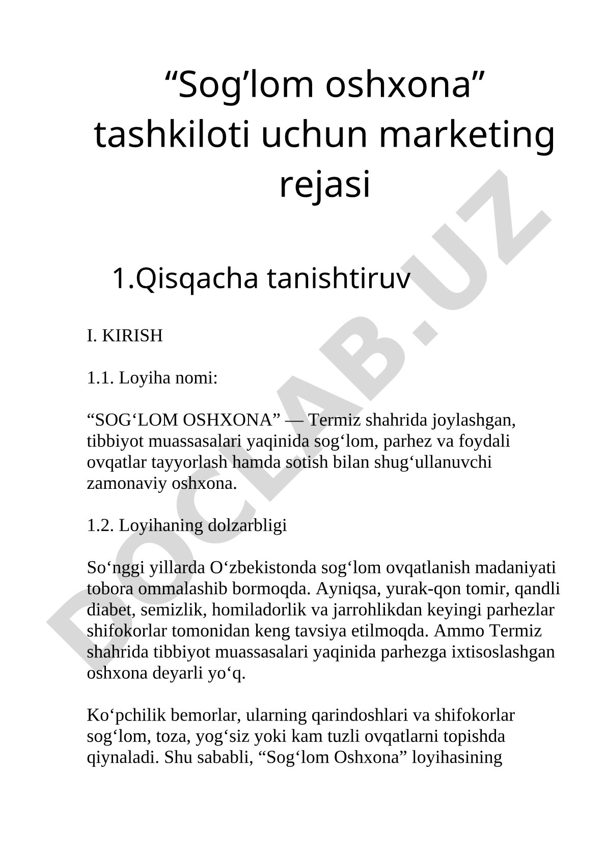Sog‘lom oshxona tashkiloti uchun marketing rejasi