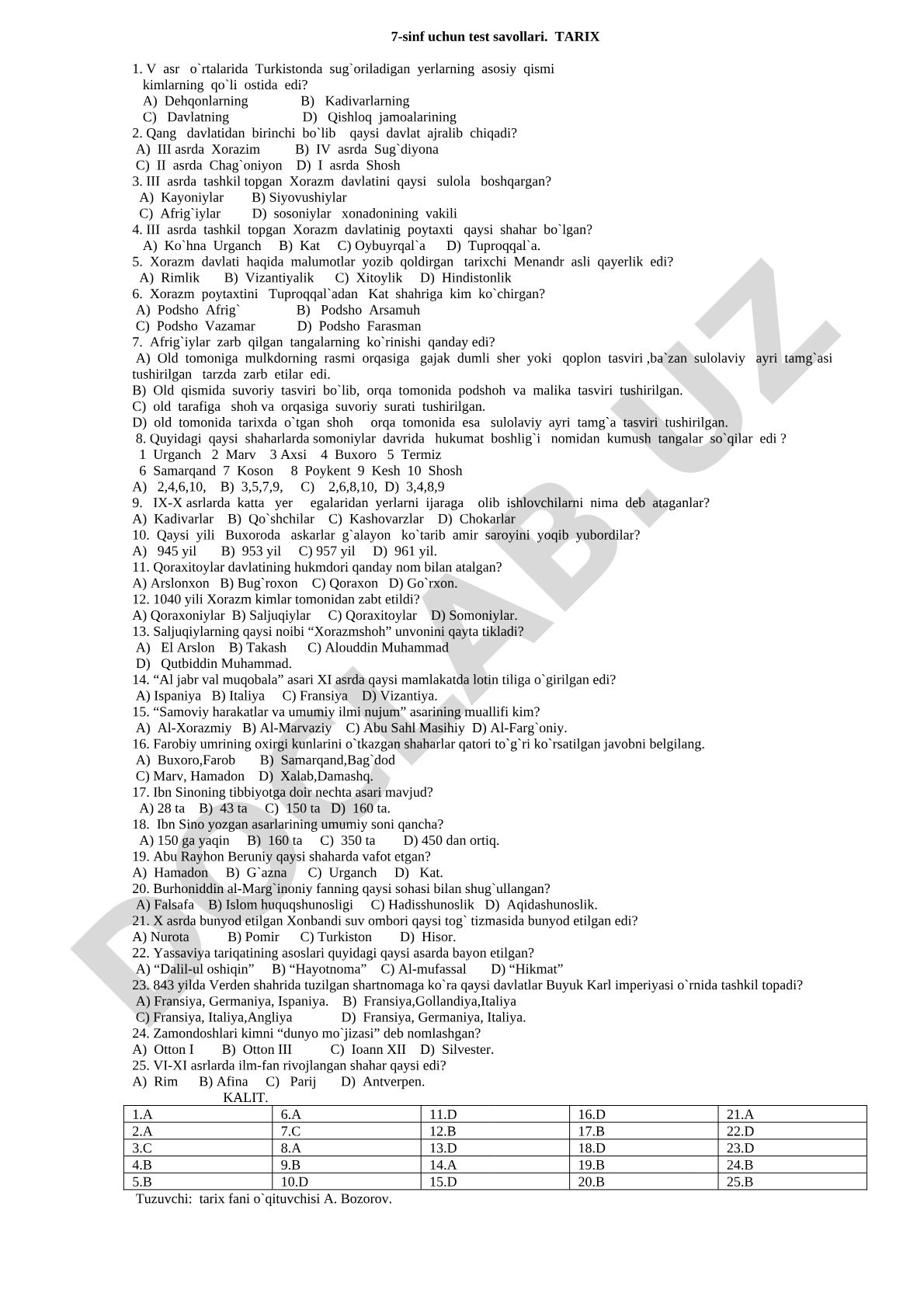 7-sinf uchun tarix test savollari