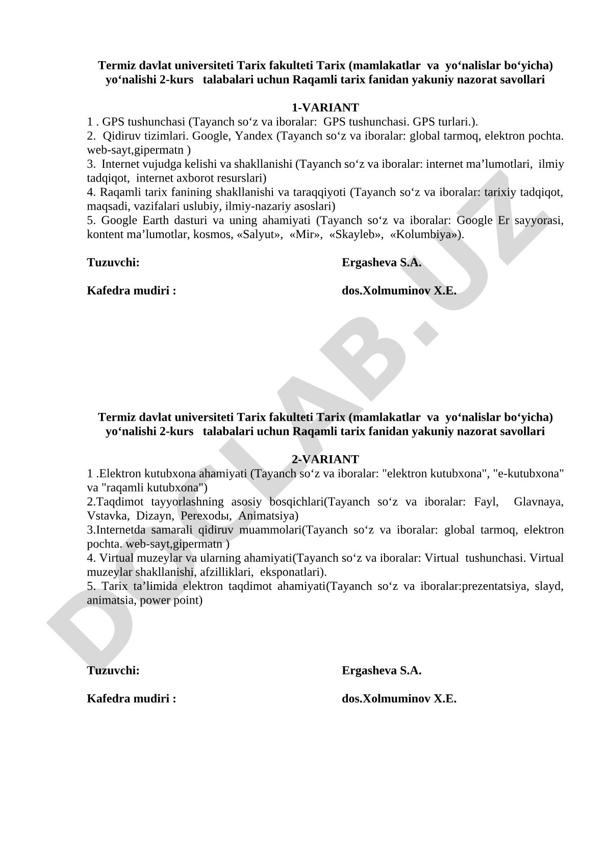 Raqamli tarix fanidan yakuniy nazorat savollari