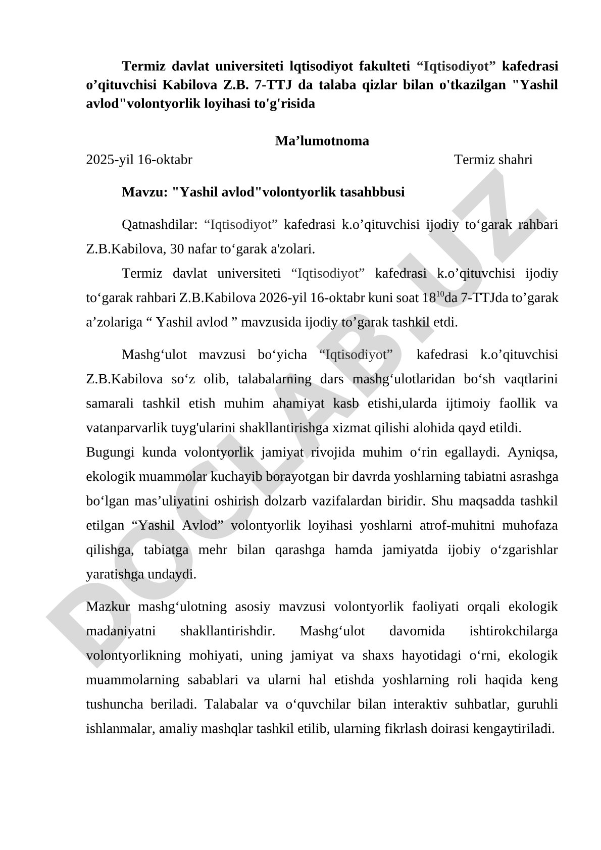 Yashil avlod volontyorlik tashabbusi