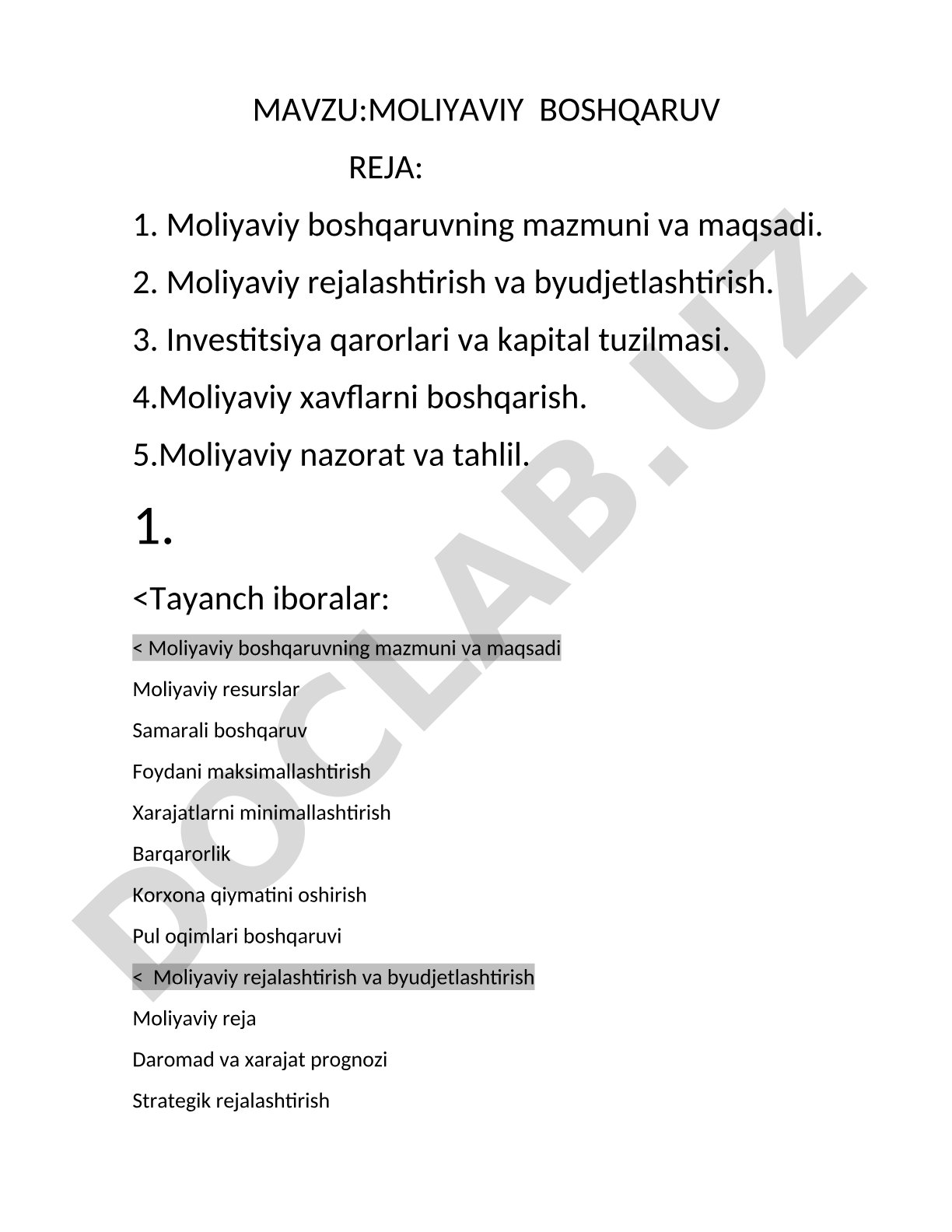 Moliyaviy boshqaruv reja