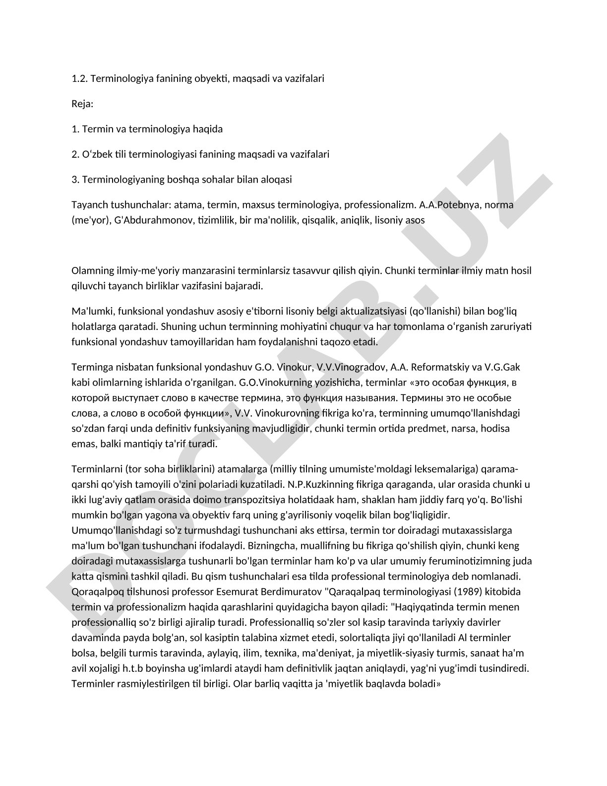 Terminologiya fanining obyekti, maqsadi va vazifalari