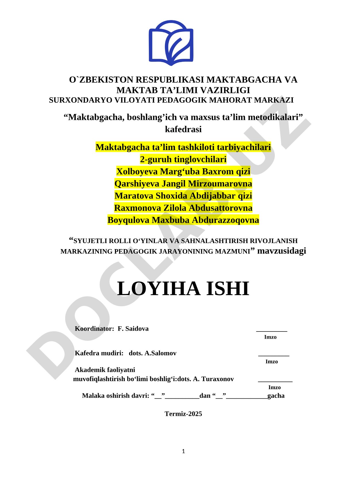 Syujetli rolli o‘yinlar va sahnalashtirish rivojlanish markazining pedagogik jarayonining mazmuni