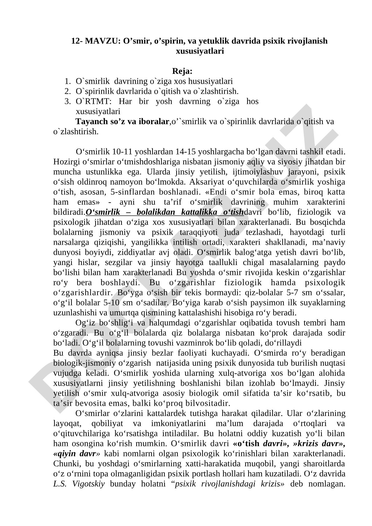 O'smir, o'spirin va yetuklik davrida psixik rivojlanish xususiyatlari