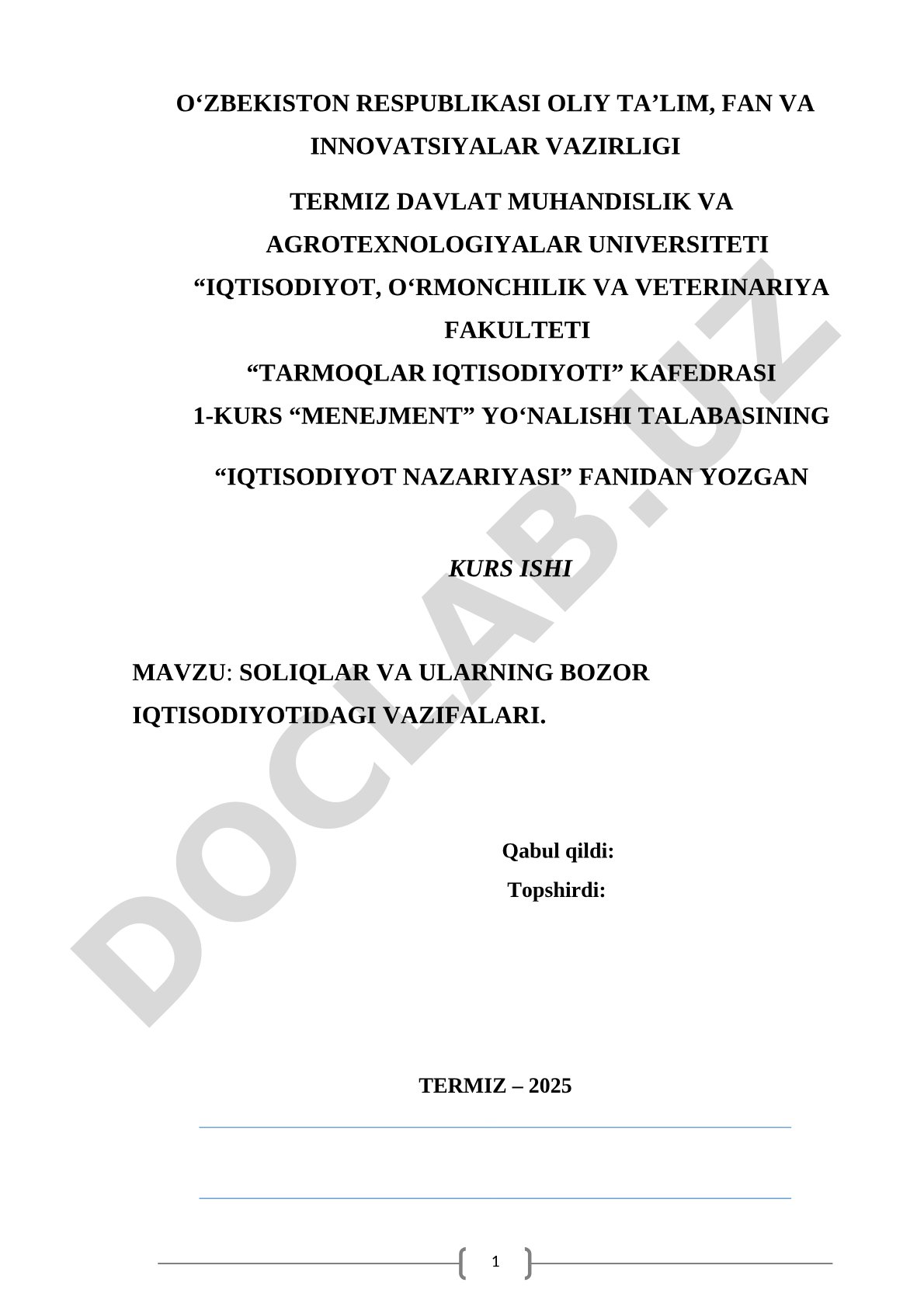 Soliqlar va ularning bozor iqtisodiyotidagi vazifalari