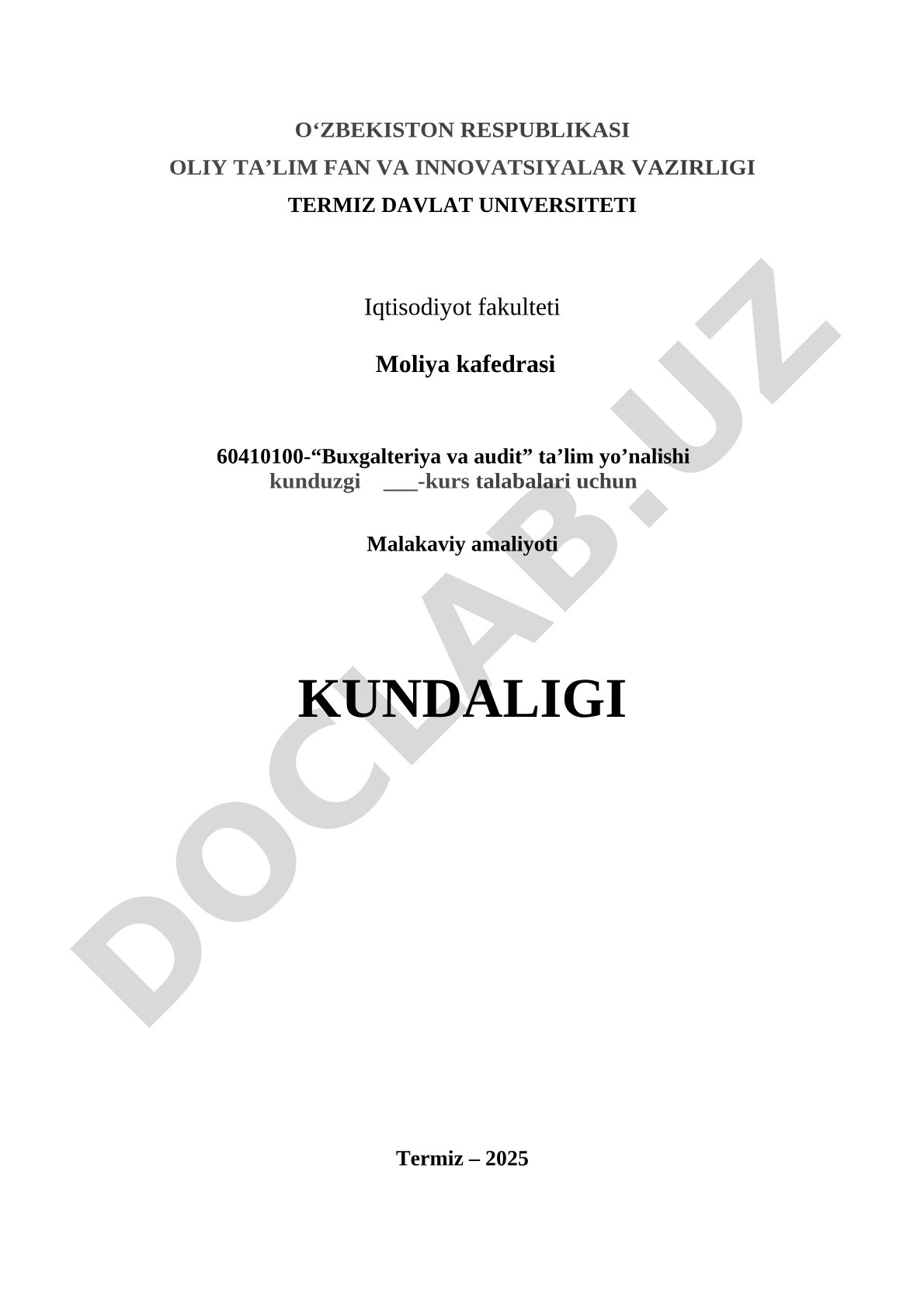 Buxgalteriya va audit ta'lim yo'nalishi malakaviy amaliyoti kundaligi