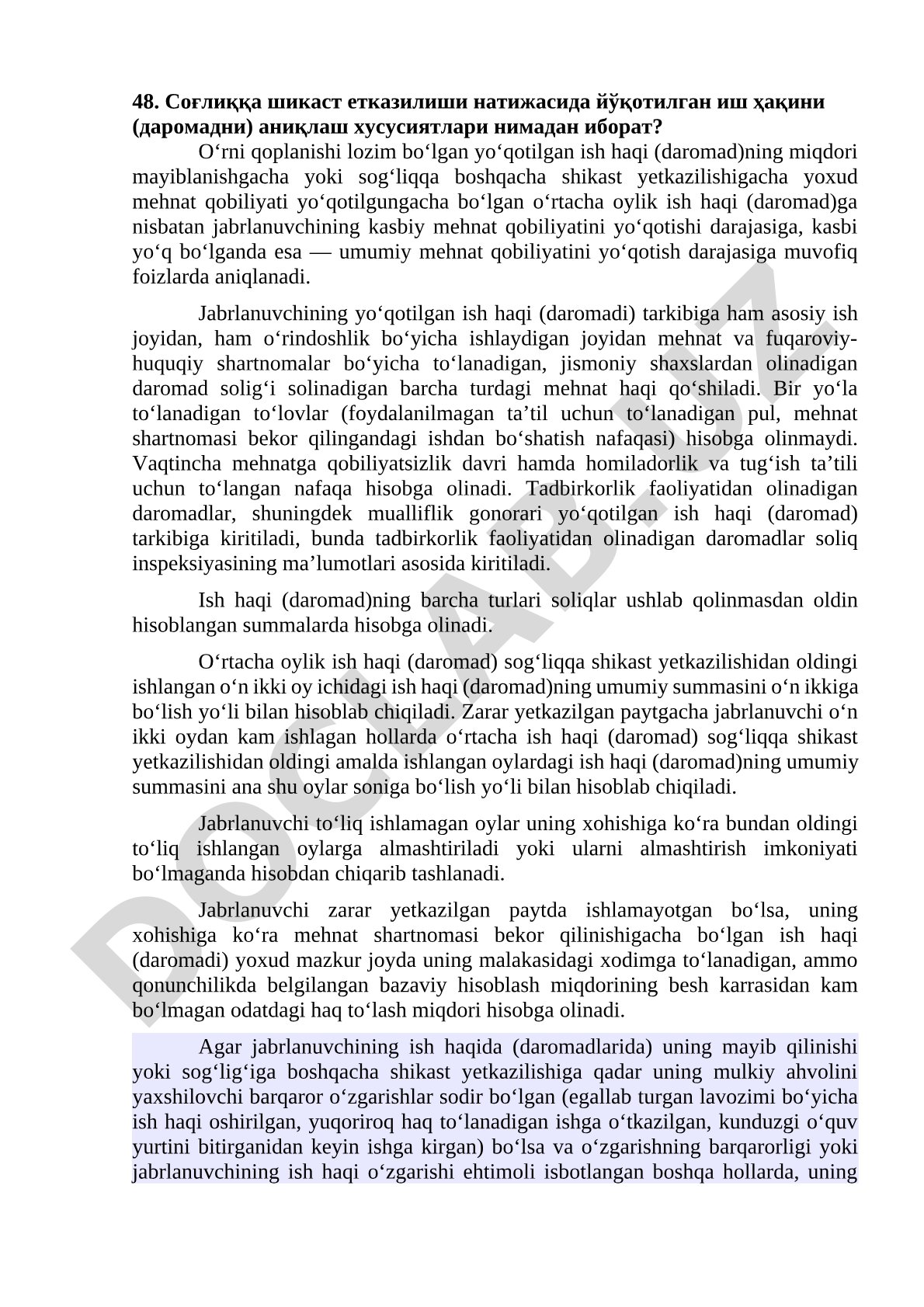 Соғлиққа шикаст етказилиши натижасида йўқотилган иш ҳақини аниқлаш хусусиятлари