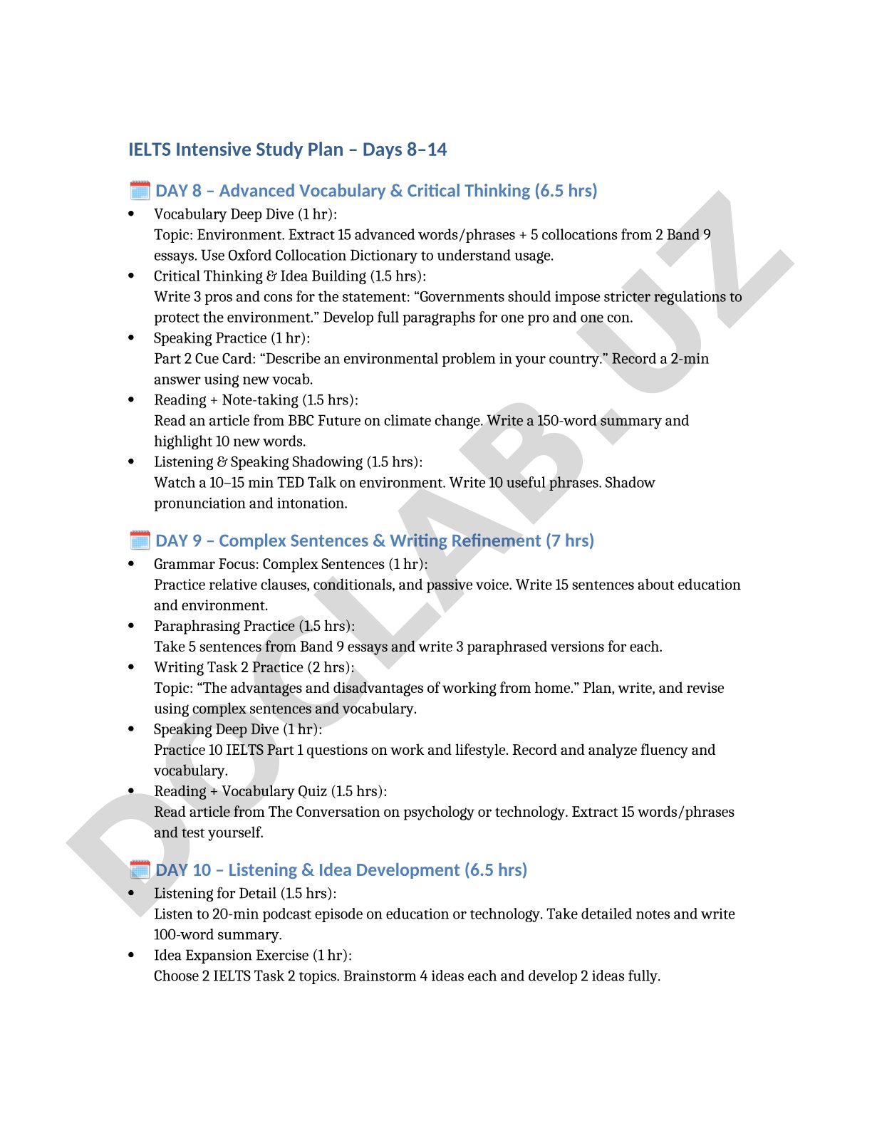 IELTS Intensive Study Plan – Days 8–14