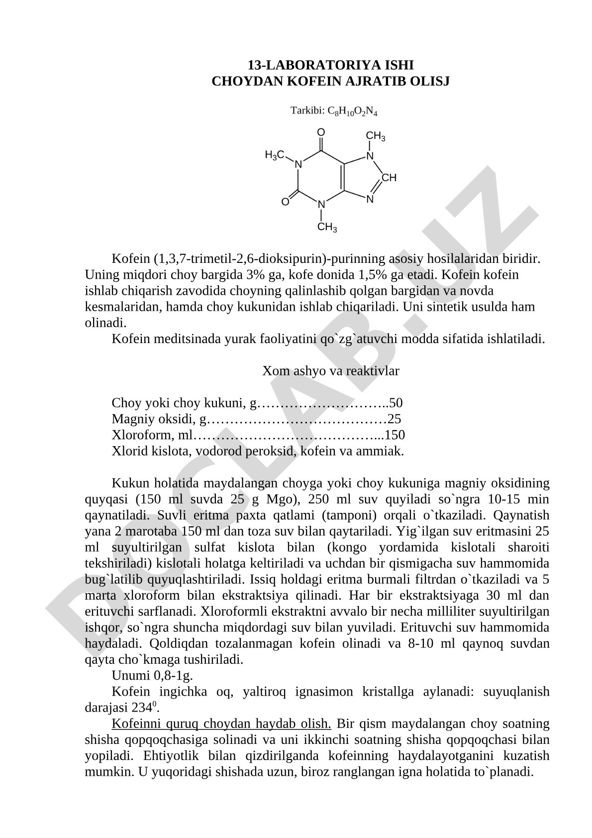 Choydan kofein ajratib olish