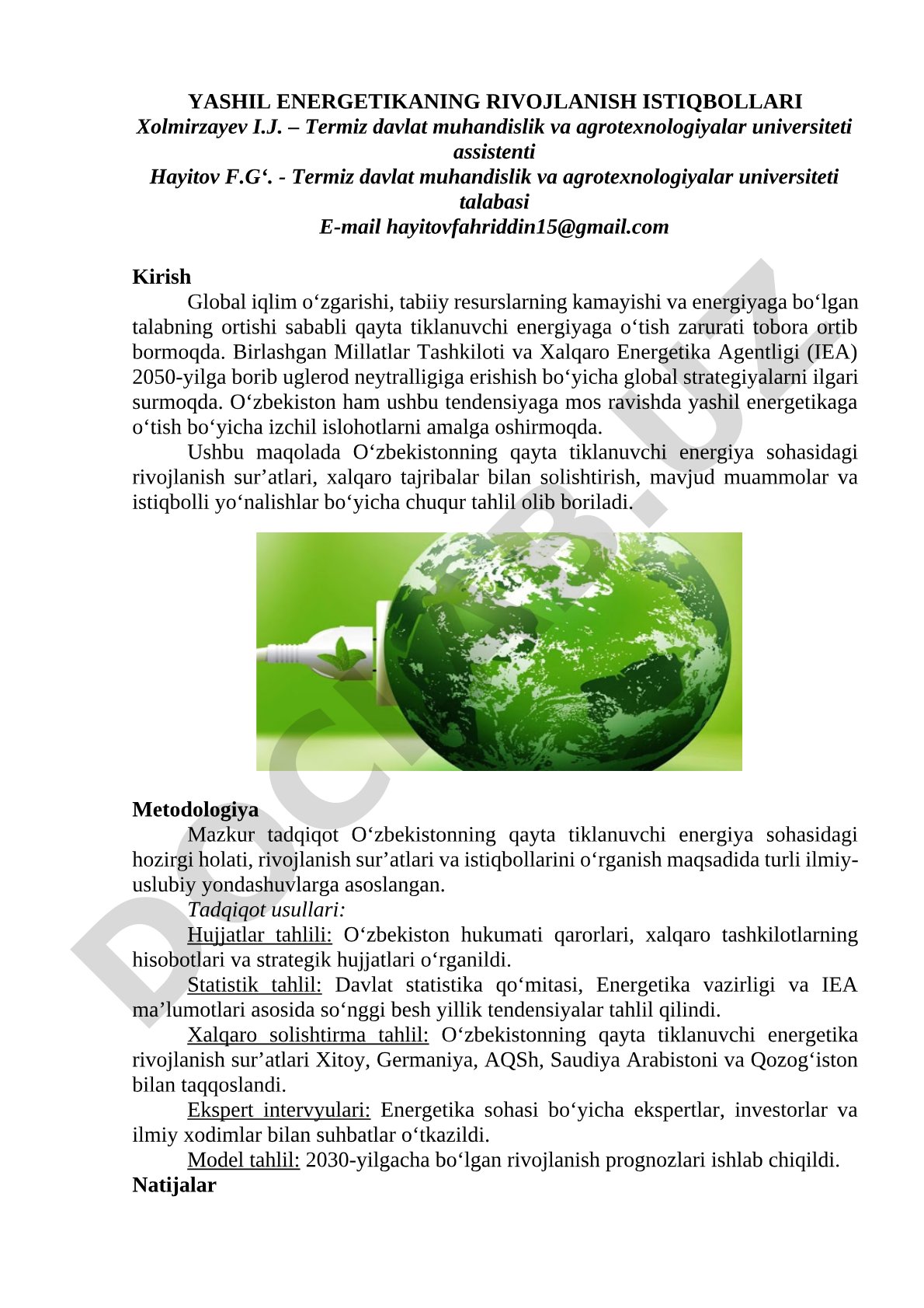 Yashil energetikaning rivojlanish istiqbollari