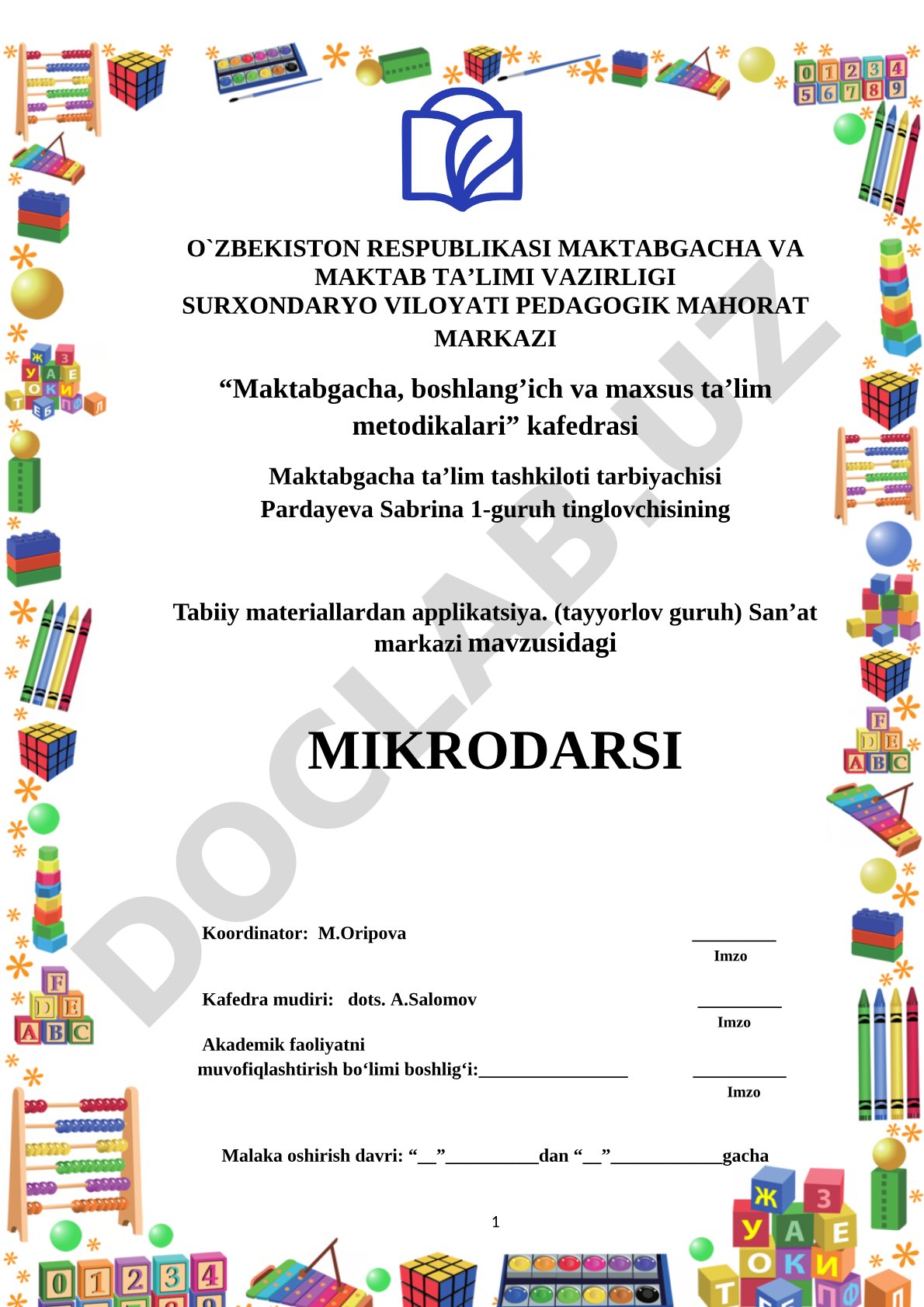 Tabiiy materiallardan applikatsiya (tayyorlov guruh) San'at markazi