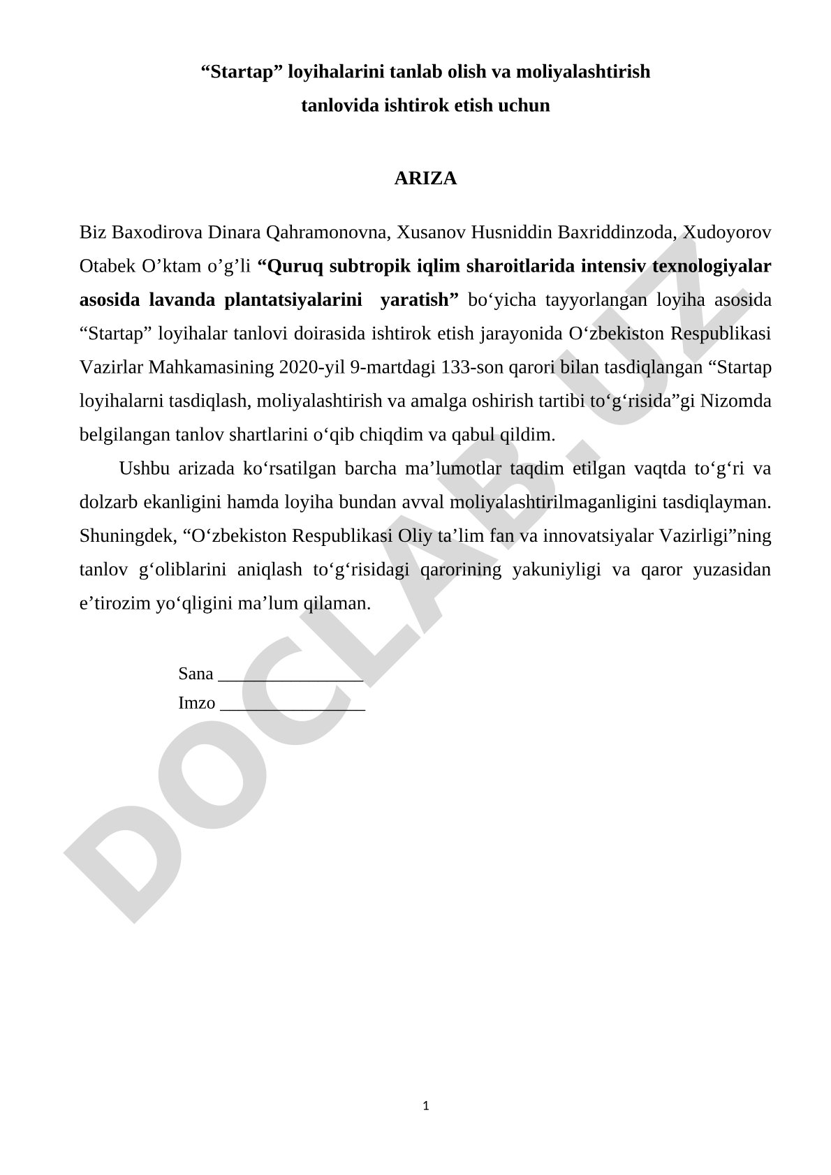 Startap loyihalarini tanlab olish va moliyalashtirish tanlovida ishtirok etish uchun ariza