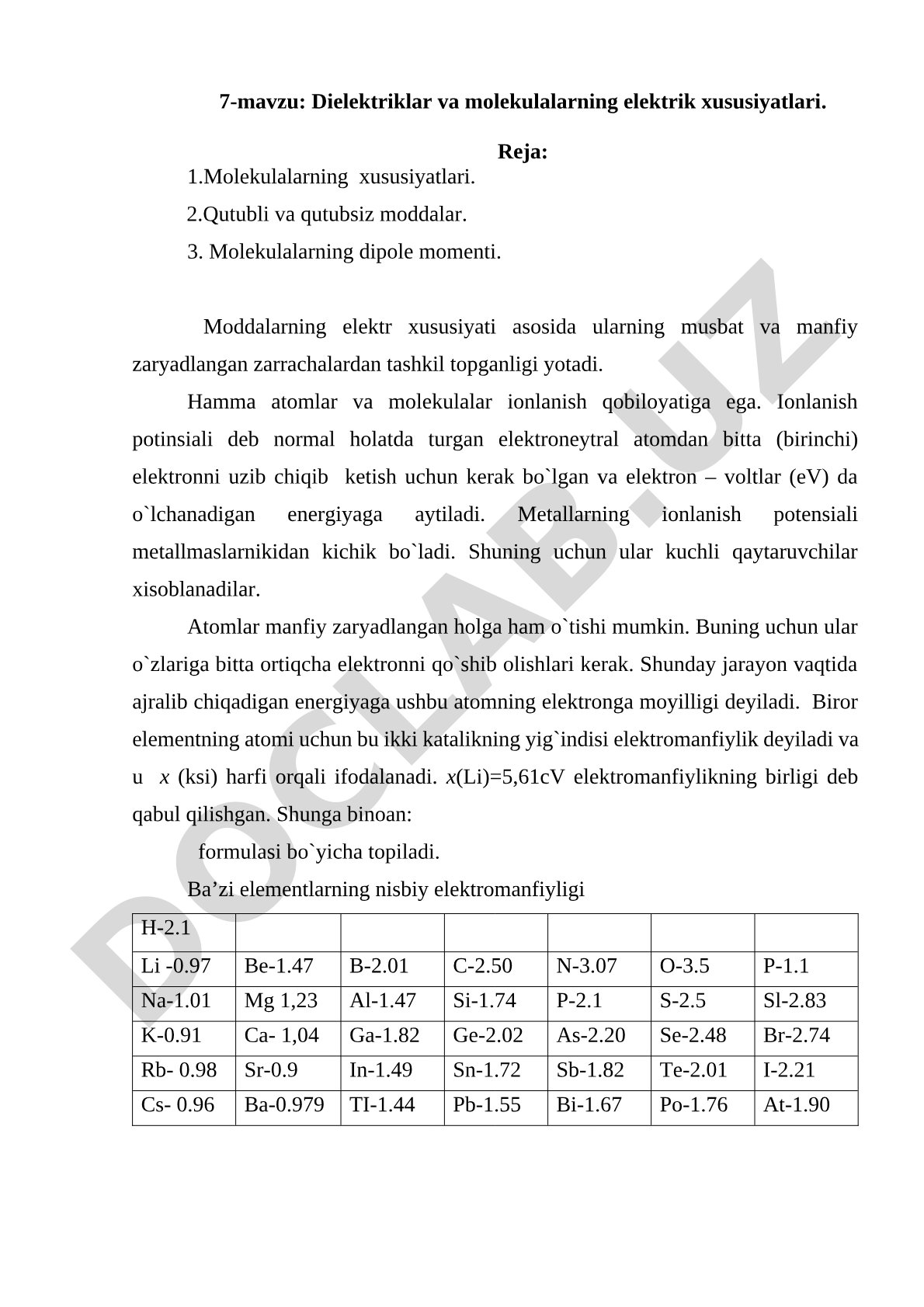 Dielektriklar va molekulalarning elektrik xususiyatlari