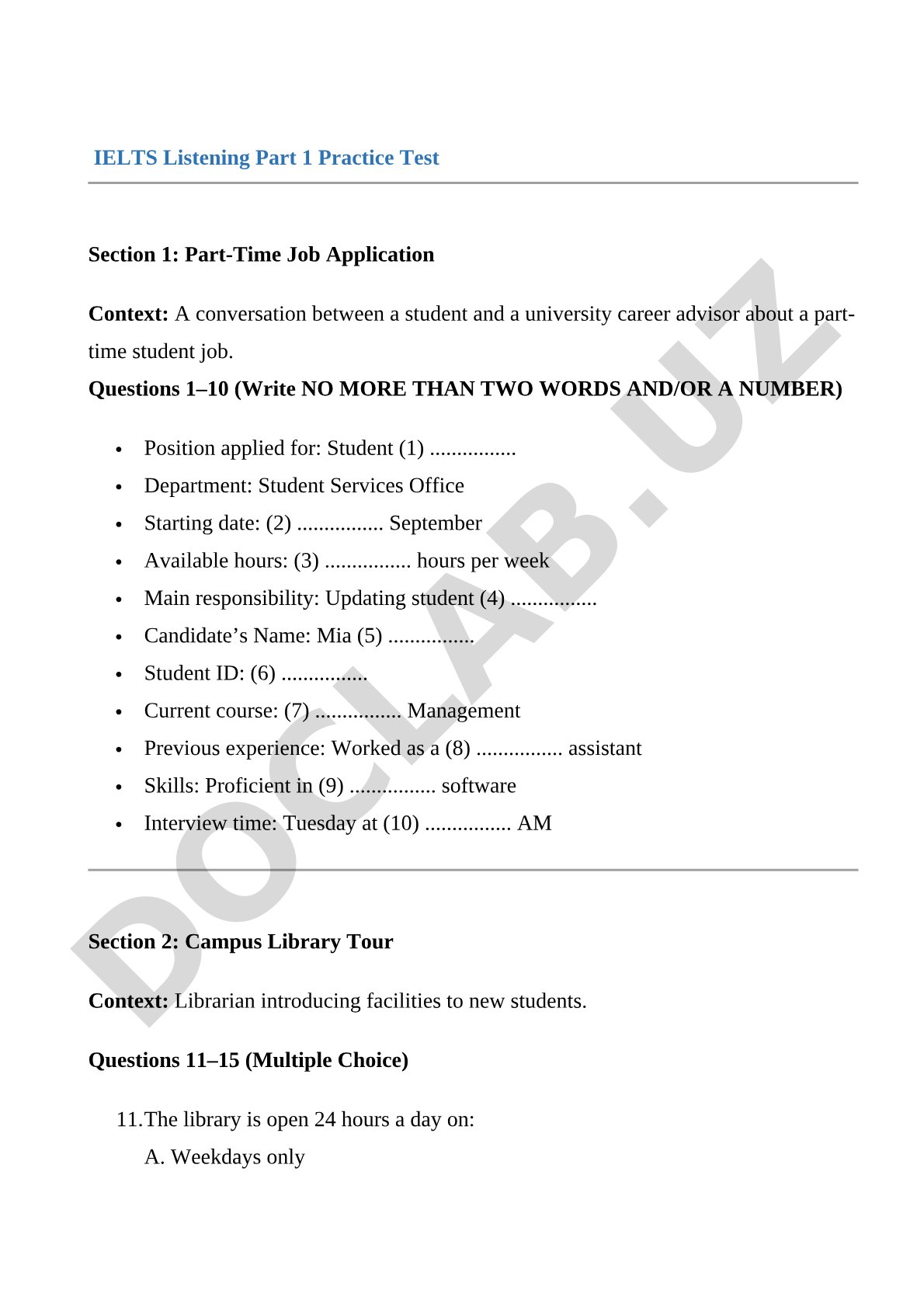 IELTS Listening Part 1 Practice Test: Part-Time Job Application