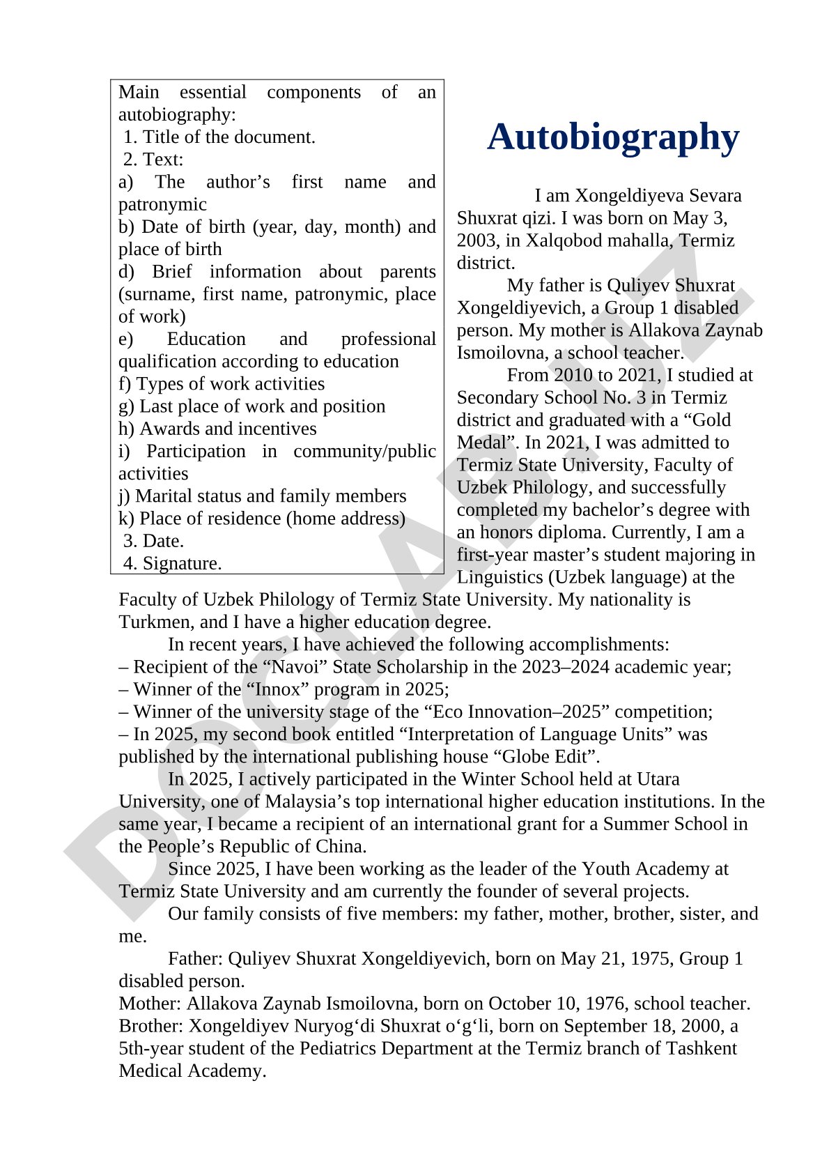 Autobiography main components and example