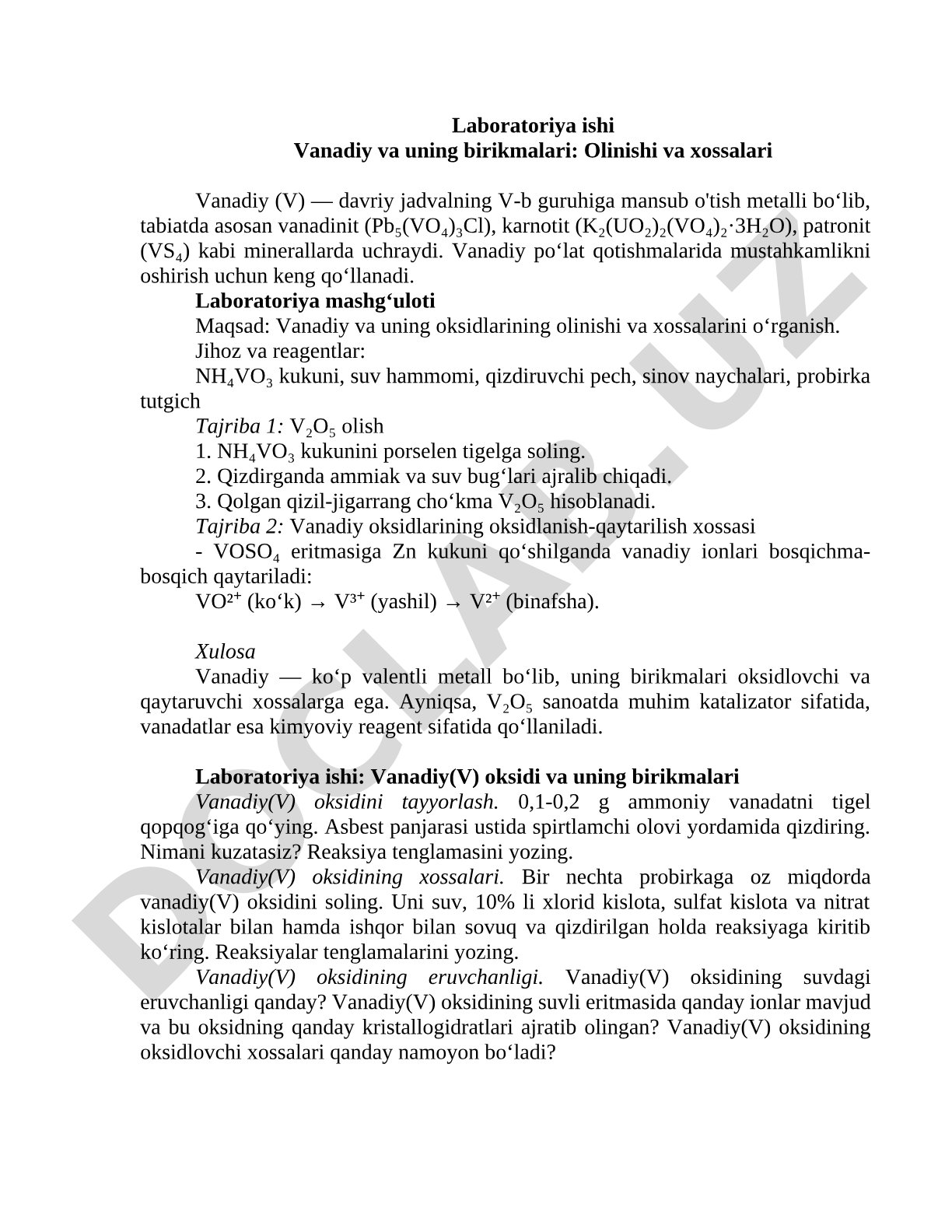 Vanadiy va uning birikmalari: Olinishi va xossalari