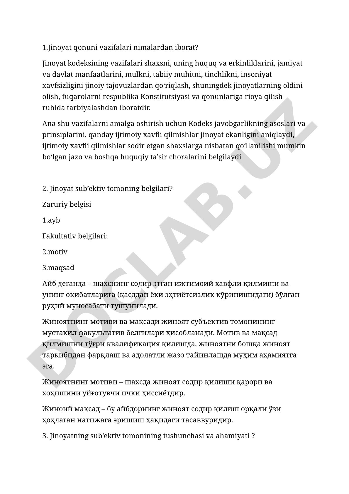 Jinoyat qonuni vazifalari va sub'ektiv tomon belgilari