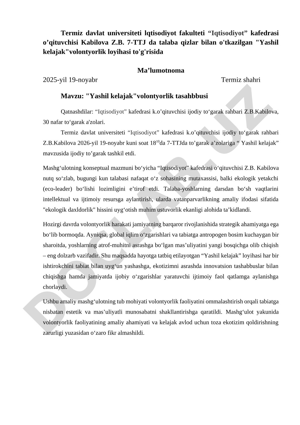 Yashil kelajak volontyorlik tashabbusi
