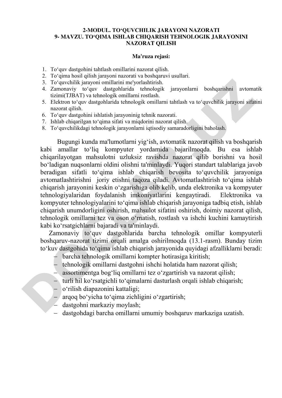 To‘qima ishlab chiqarish texnologik jarayonini nazorat qilish