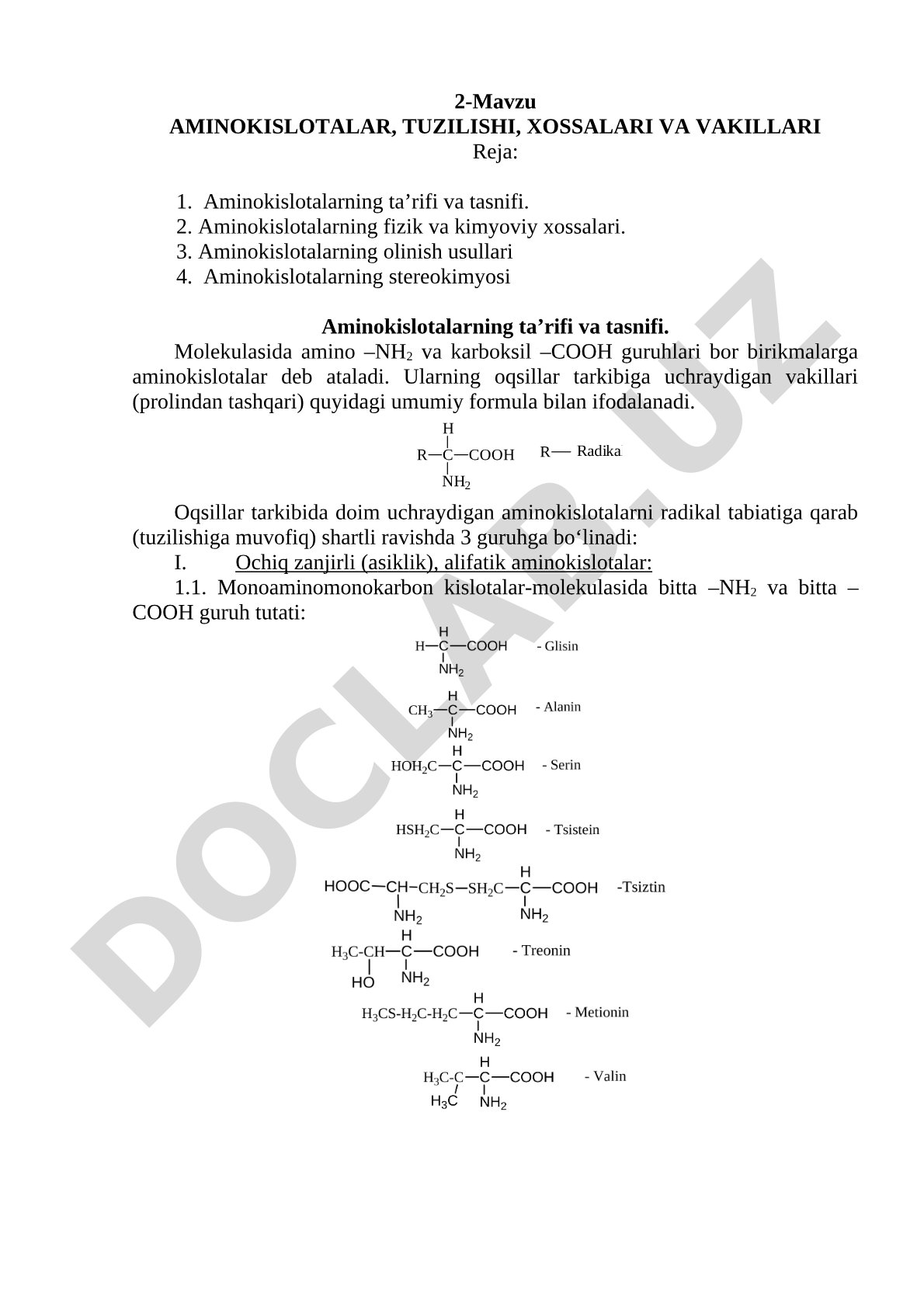 Aminokislotalar, tuzilishi, xossalari va vakillari