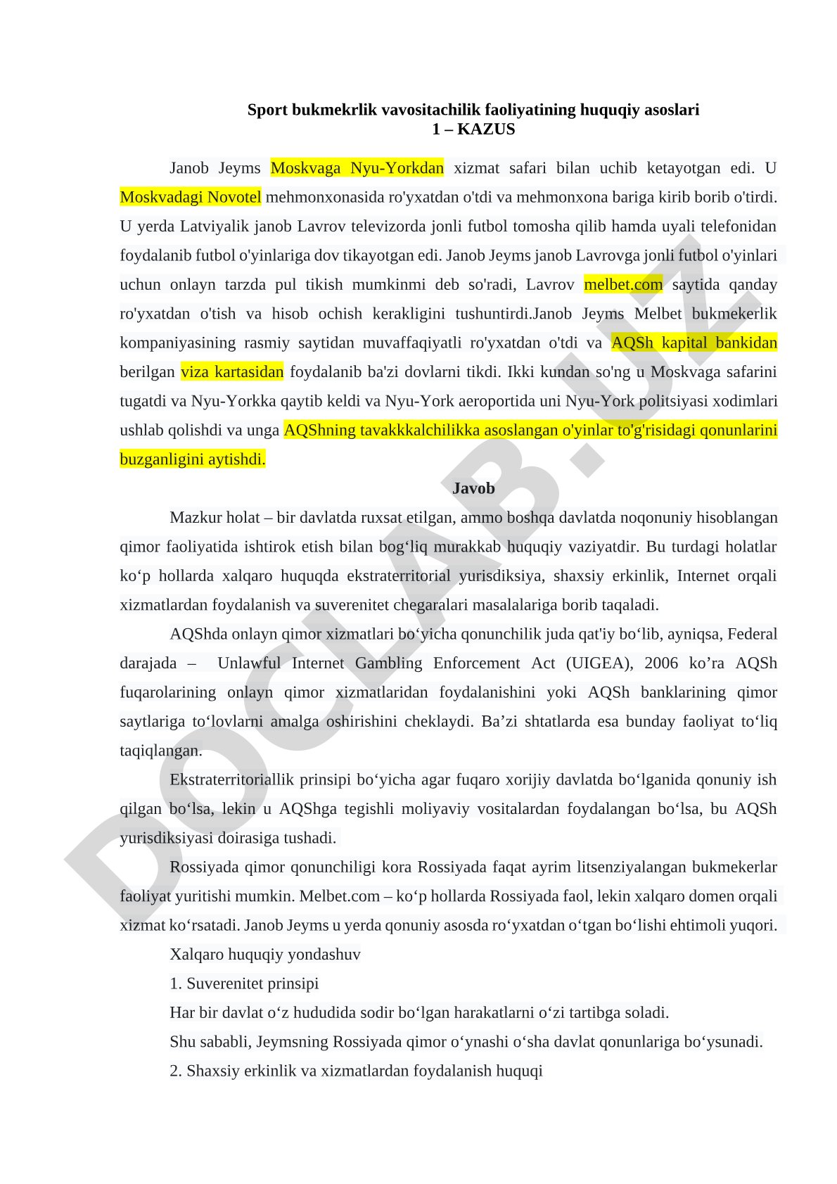 Sport bukmekrlik vositachilik faoliyatining huquqiy asoslari