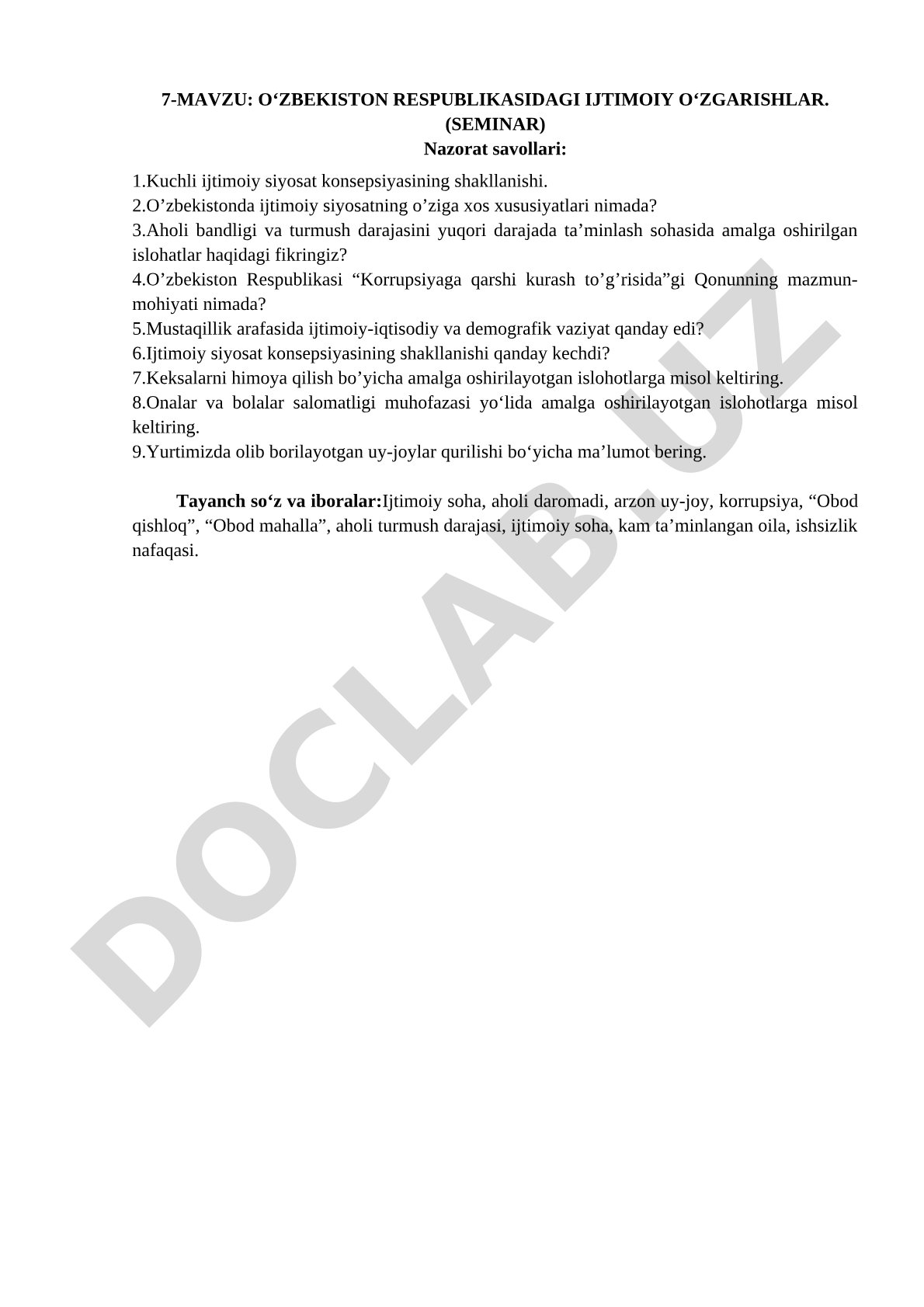 O'zbekiston Respublikasidagi ijtimoiy o'zgarishlar