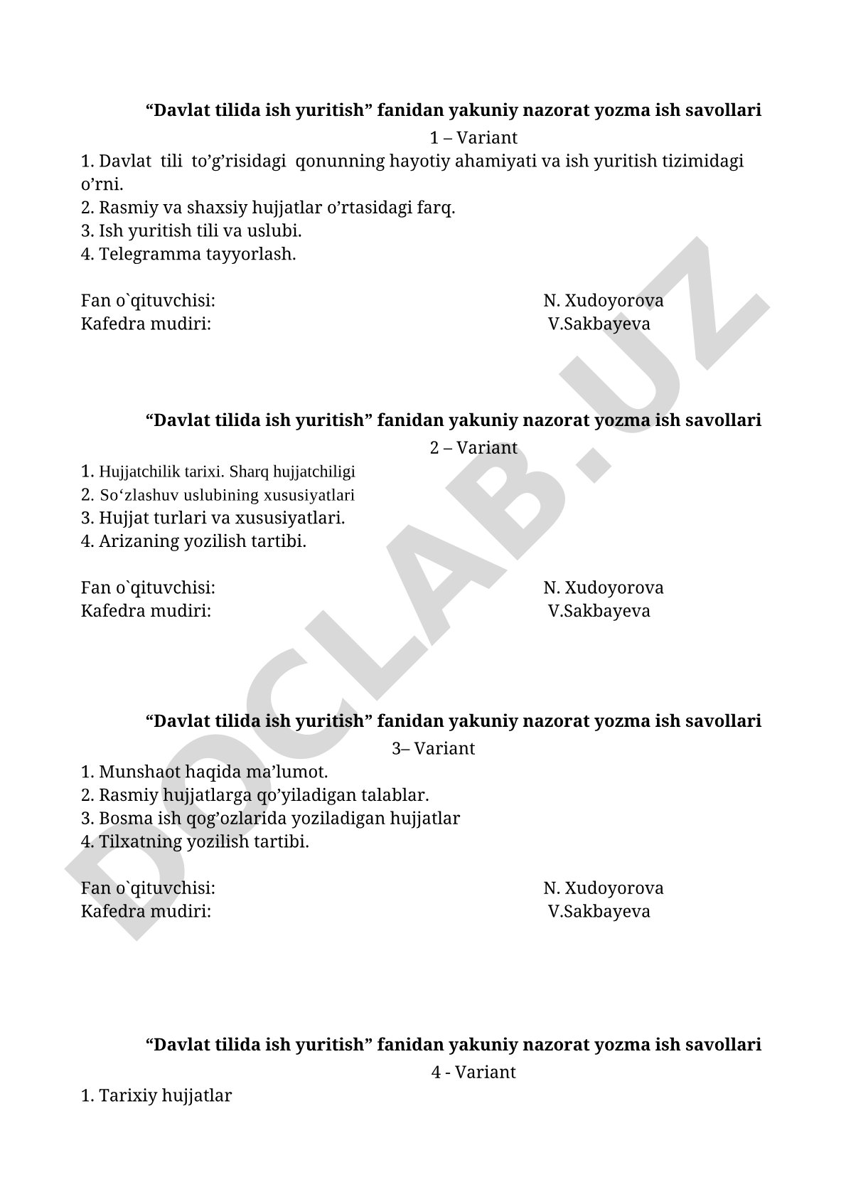 Davlat tilida ish yuritish fanidan yakuniy nazorat yozma ish savollari