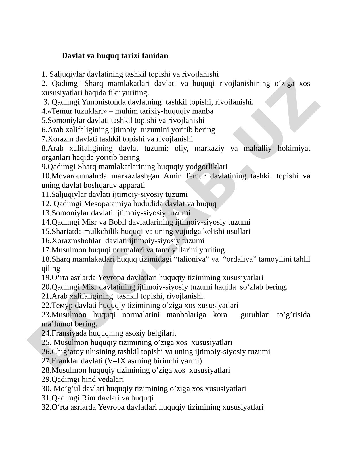 Davlat va huquq tarixi fanidan savollar