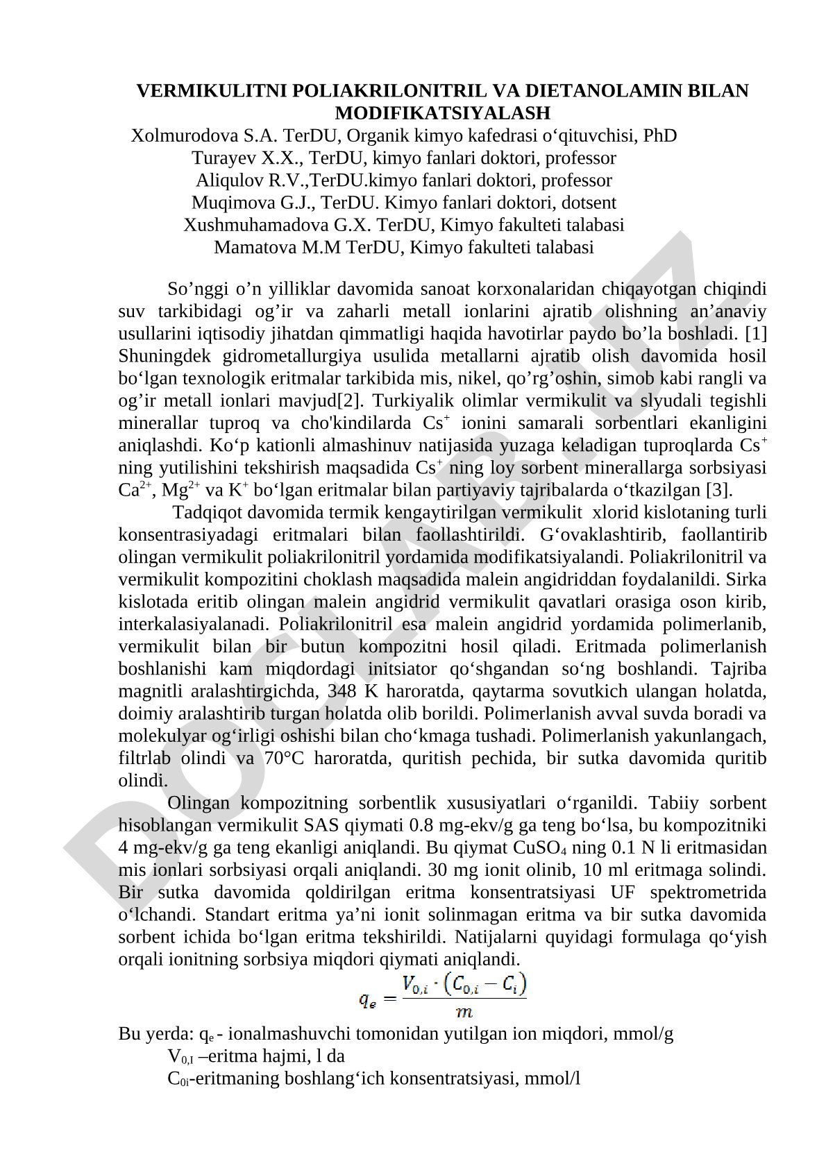 Vermikulitni poliakrilonitril va dietanolamin bilan modifikatsiyalash