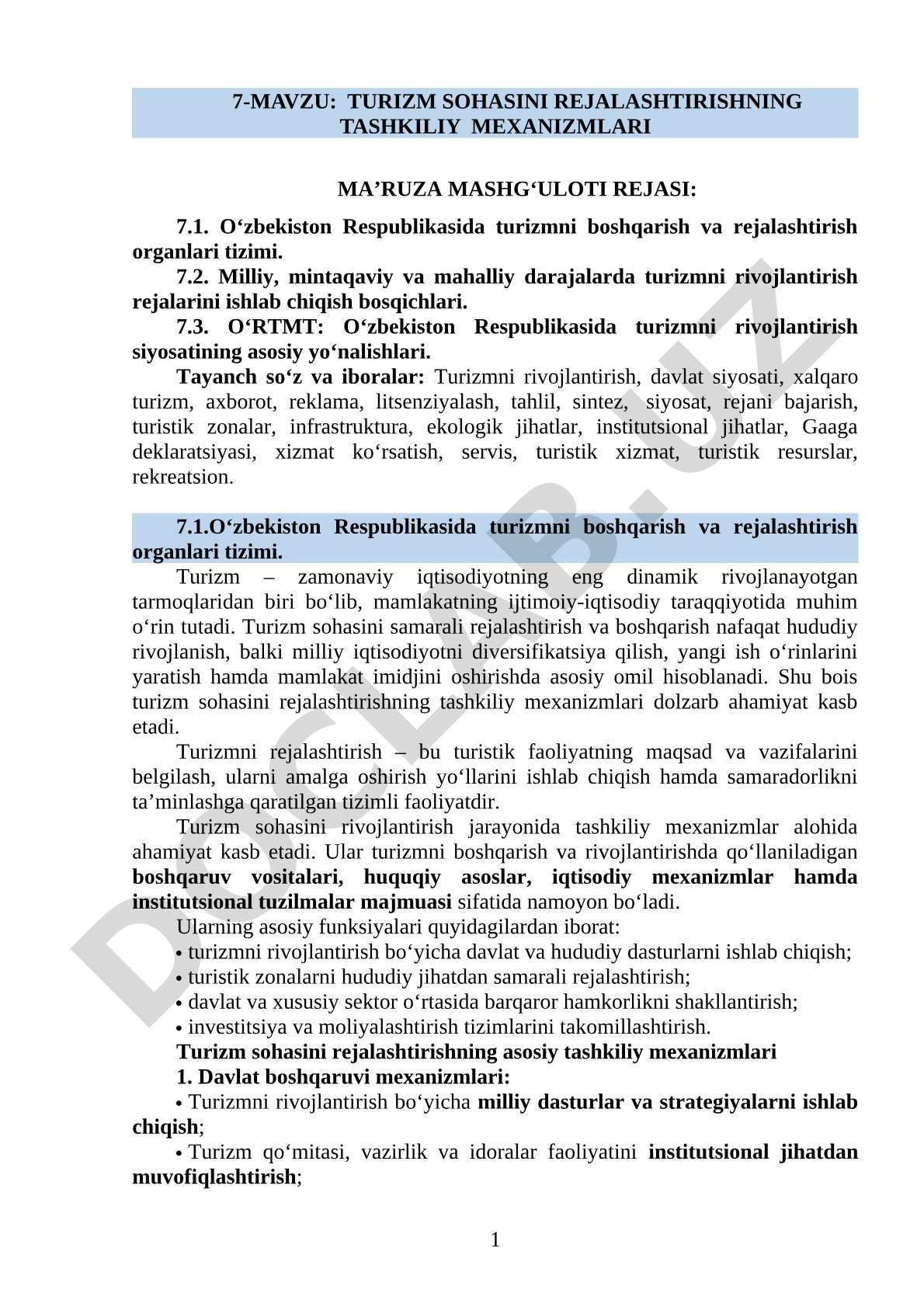 Turizm sohasini rejalashtirishning tashkiliy mexanizmlari