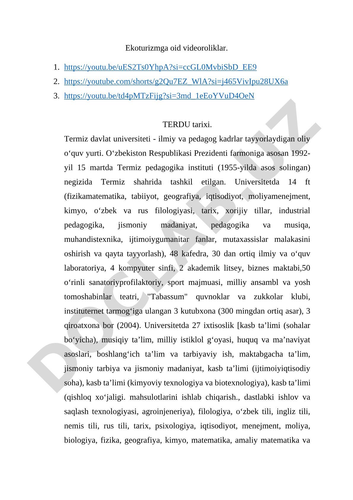 Ekoturizmga oid videoroliklar va TERDU tarixi