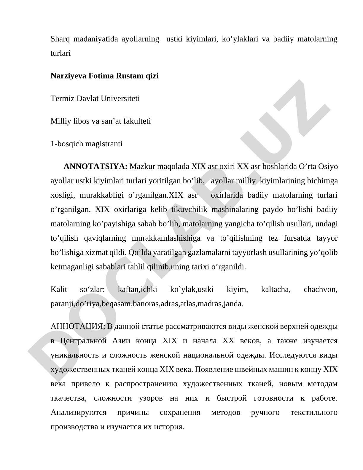 XIX asr oxiri XX asr boshlarida O'rta Osiyo ayollar ustki kiyimlari va badiiy matolar
