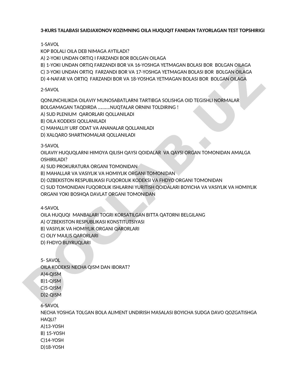 Oila huquqi fanidan test topshirig'i