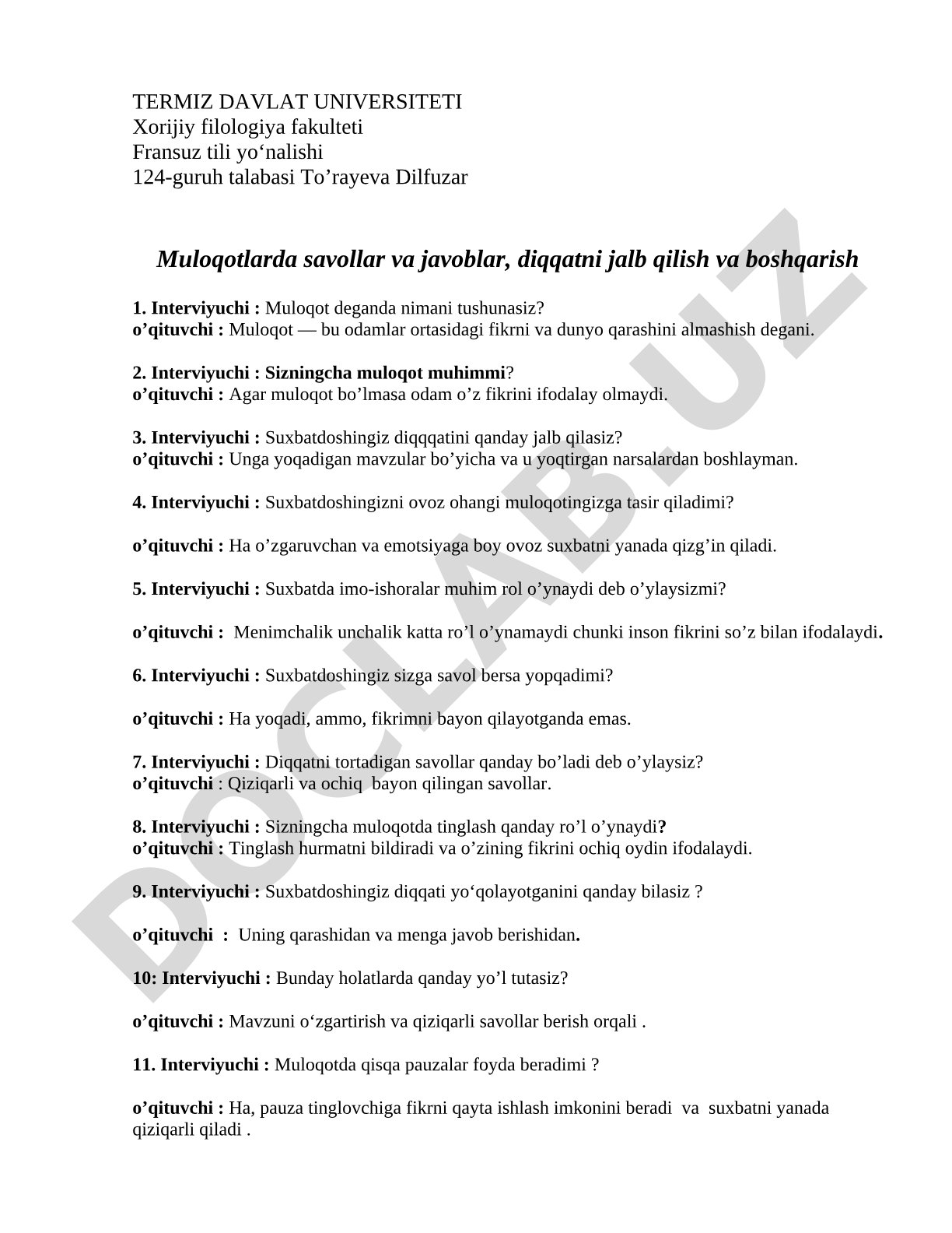 Muloqotlarda savollar va javoblar, diqqatni jalb qilish va boshqarish