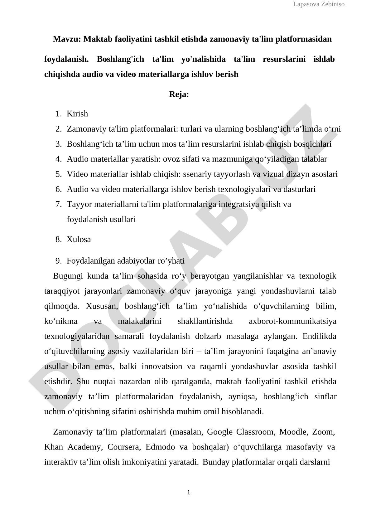 Maktab faoliyatini tashkil etishda zamonaviy ta'lim platformasidan foydalanish