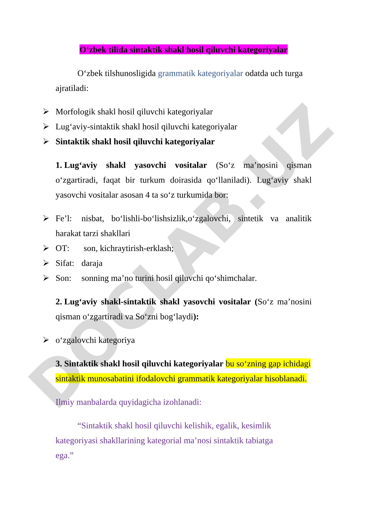 O‘zbek tilida sintaktik shakl hosil qiluvchi kategoriyalar
