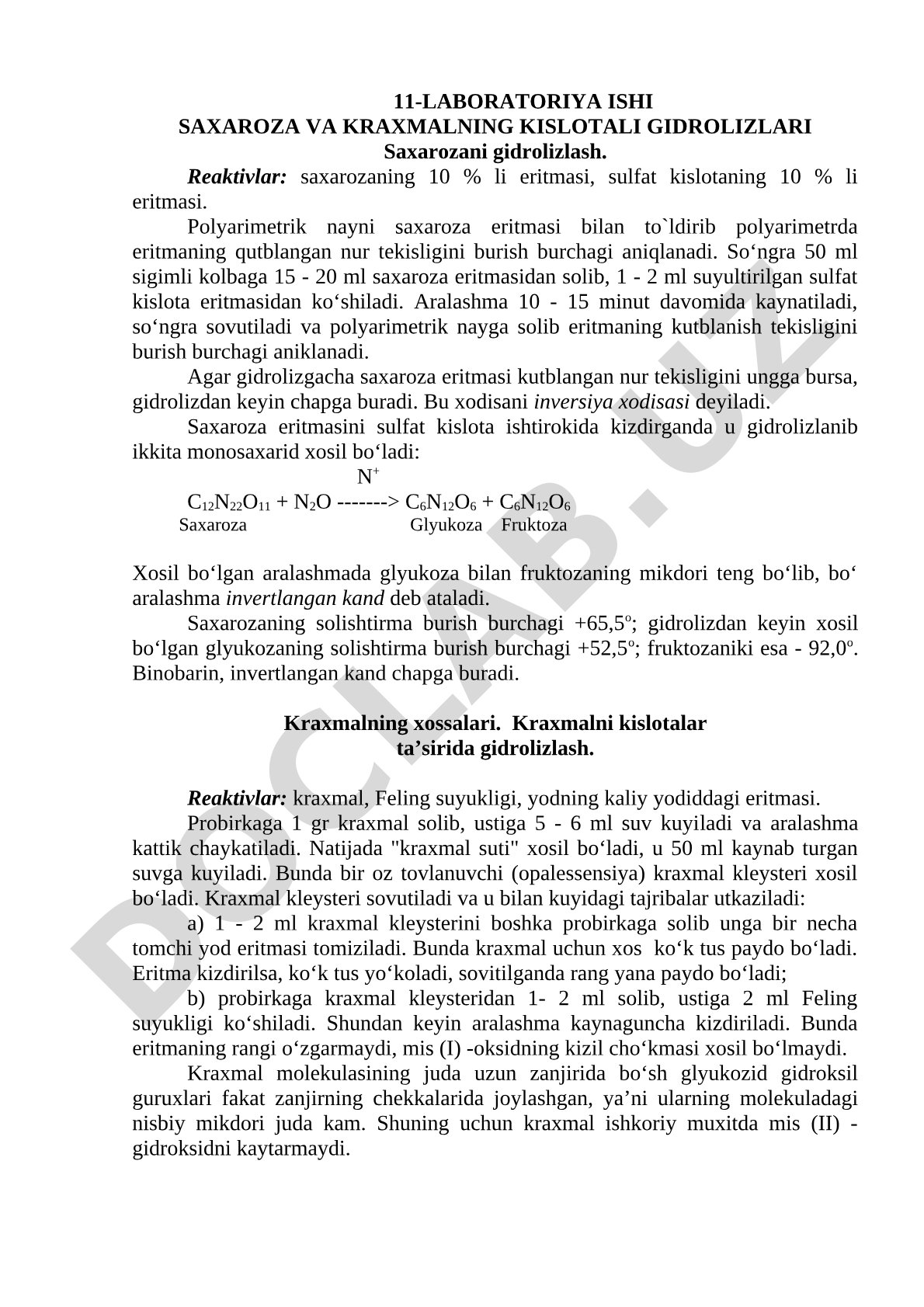 Saxaroza va kraxmalning kislotali gidrolizlari
