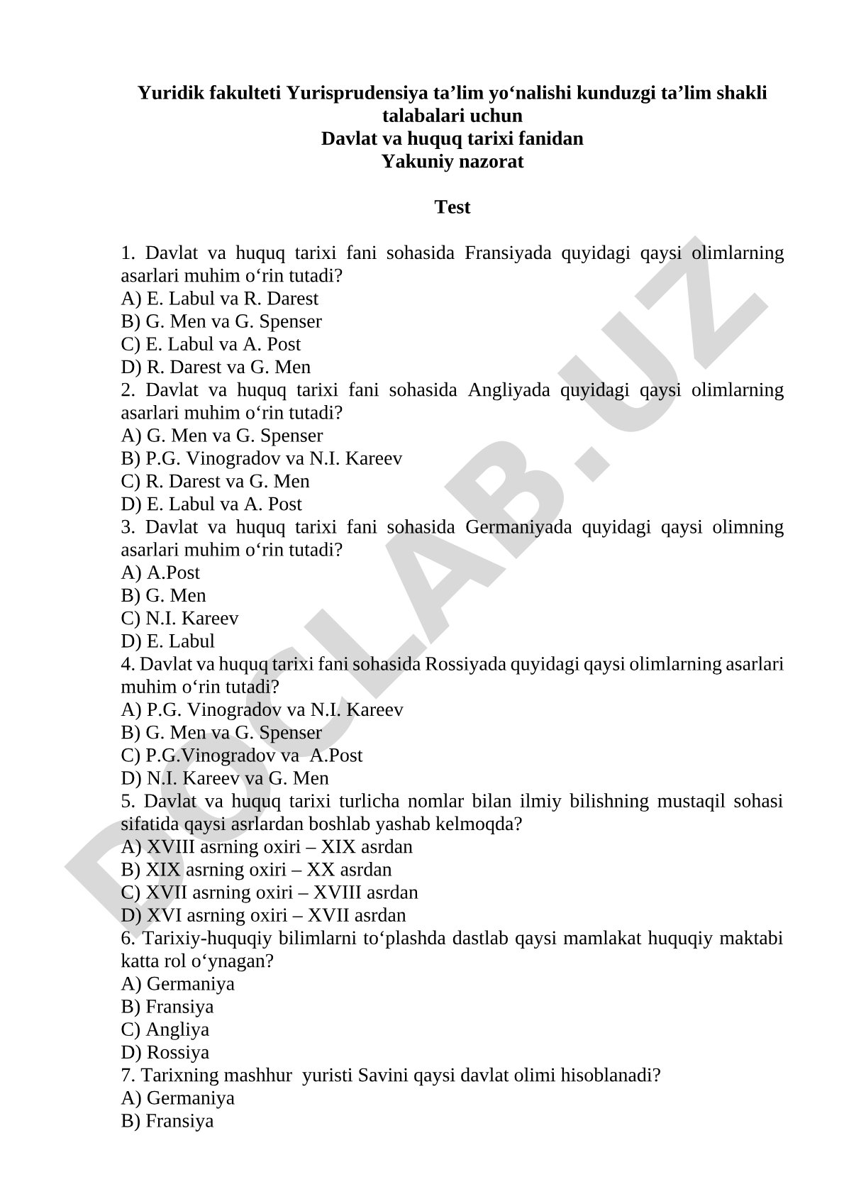 Davlat va huquq tarixi fanidan Yakuniy nazorat Test