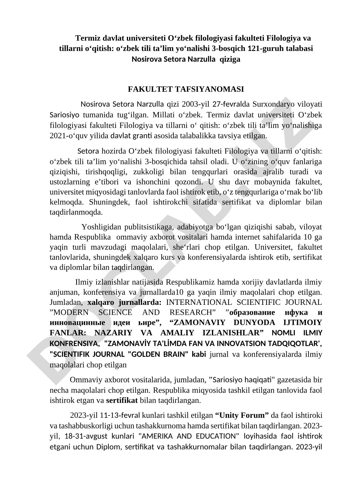 Nosirova Setora Narzulla qiziga fakultet tavsiyanomasi