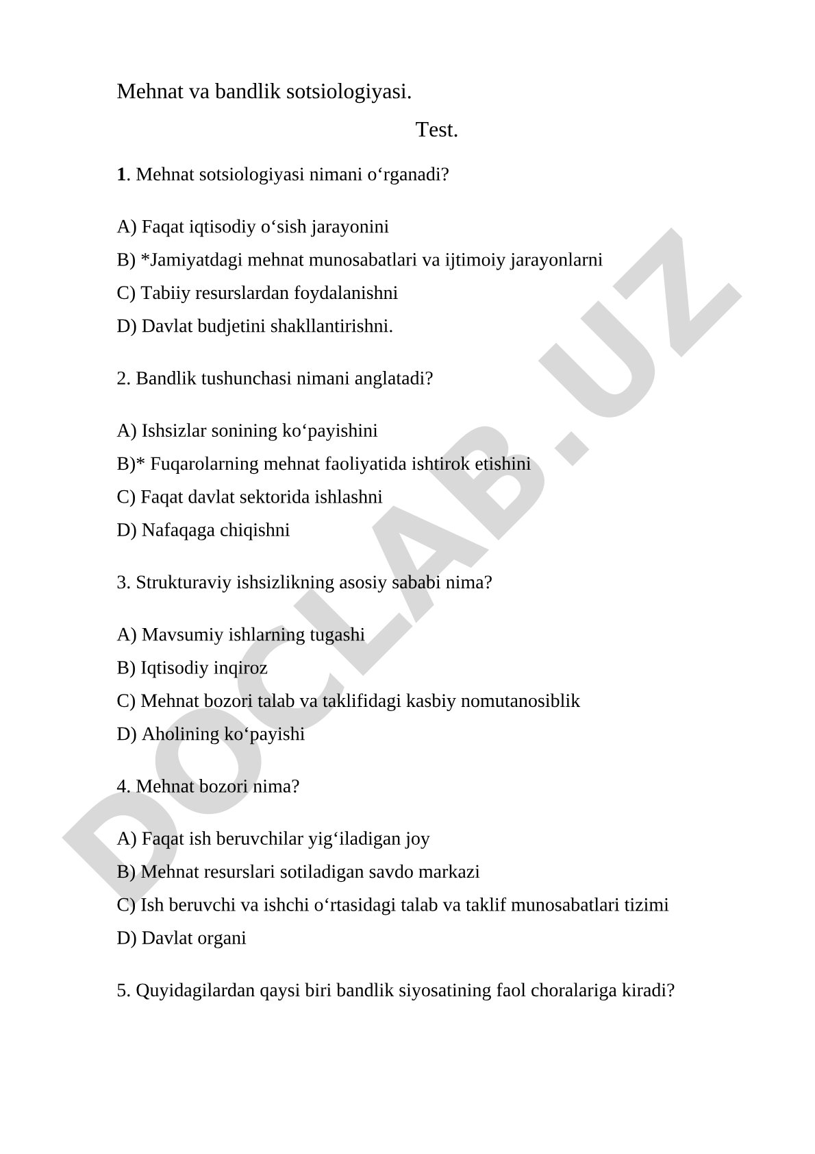 Mehnat va bandlik sotsiologiyasi test