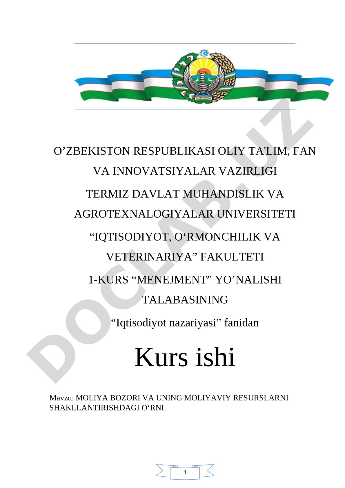 Moliya bozori va uning moliyaviy resurslarni shakllantirishdagi o'rni