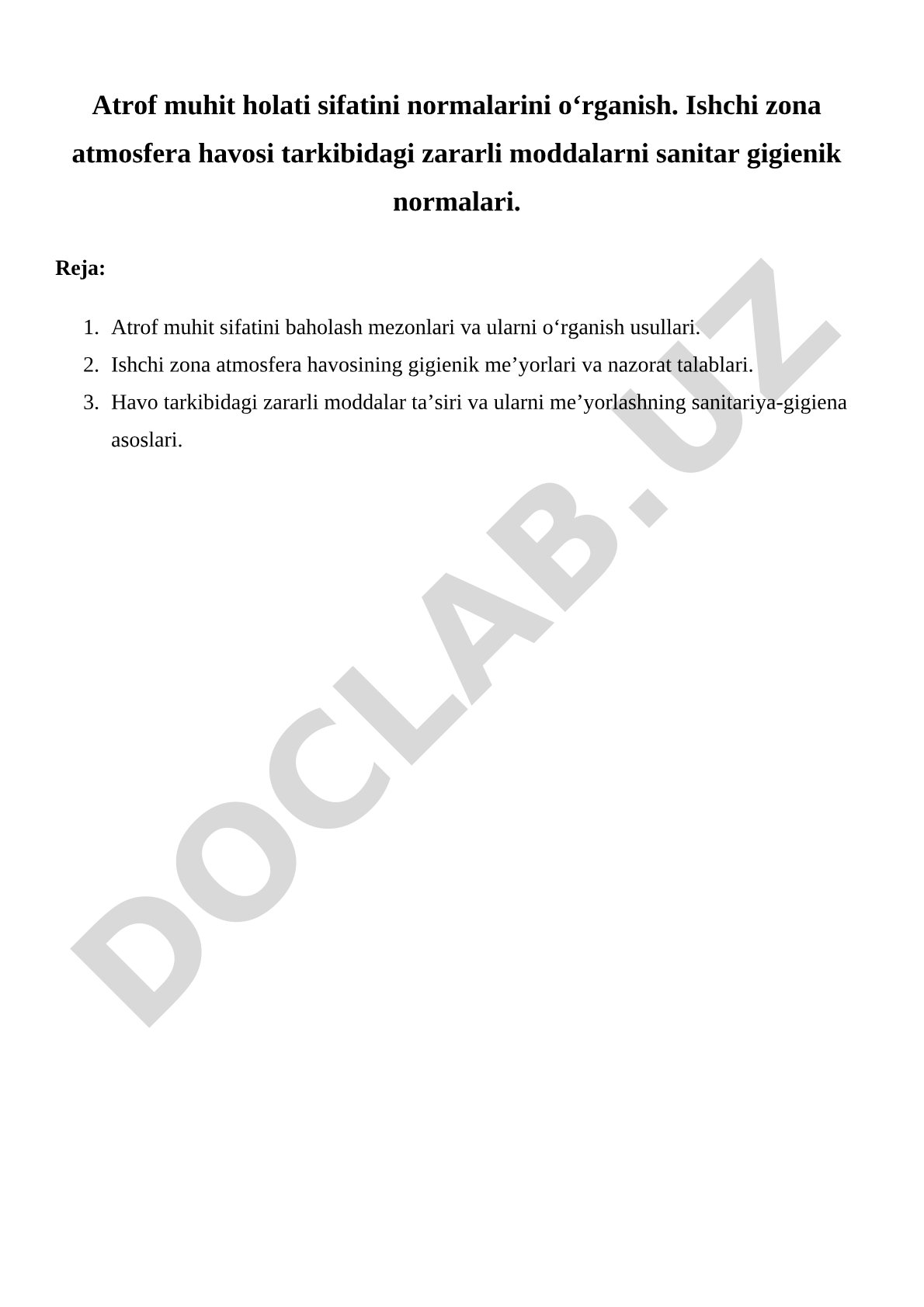 Atrof muhit holati sifatini normalarini o‘rganish